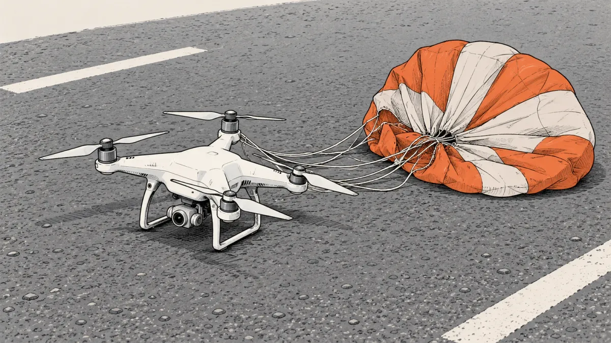 Illustration of a small white quadcopter standing on wet highway asphalt beside a collapsed orange and white parachute canopy, its lines still attached to the aircraft, with painted lane markings running past