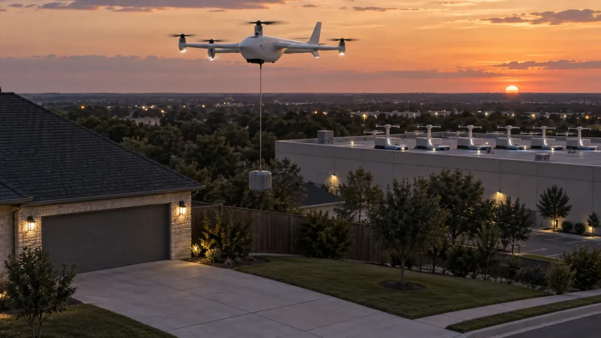 A white fixed-wing delivery drone with five rotors hovering above a suburban driveway at dusk, lowering a small pod on a tether, with a row of charging docks on a flat commercial rooftop in the background