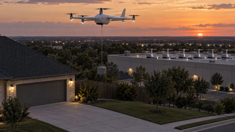 A white fixed-wing delivery drone with five rotors hovering above a suburban driveway at dusk, lowering a small pod on a tether, with a row of charging docks on a flat commercial rooftop in the background
