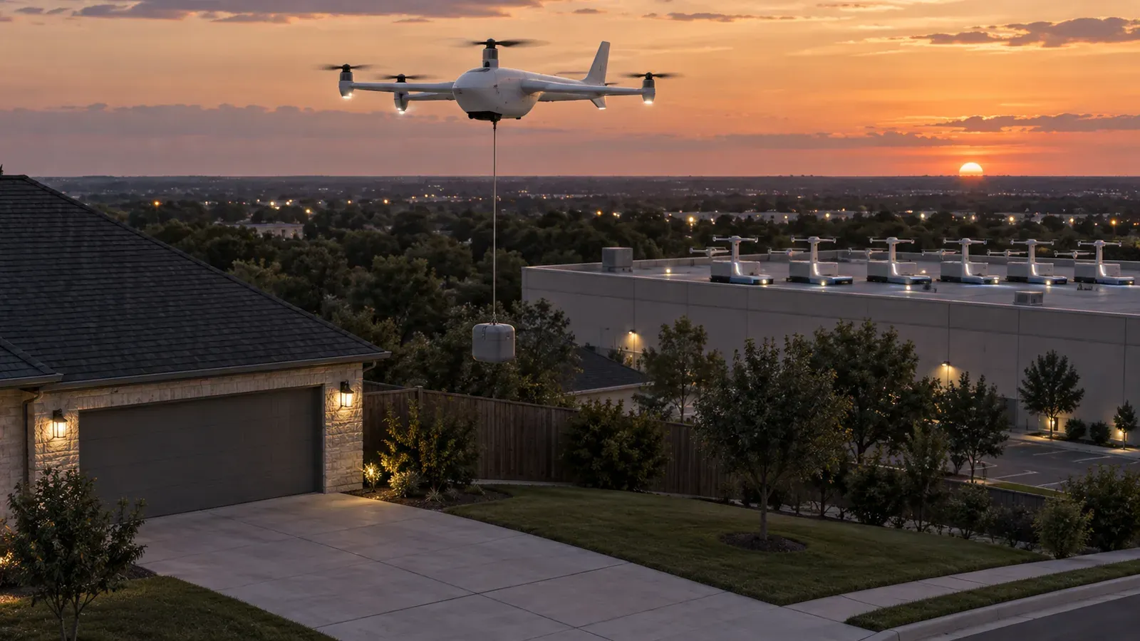 A white fixed-wing delivery drone with five rotors hovering above a suburban driveway at dusk, lowering a small pod on a tether, with a row of charging docks on a flat commercial rooftop in the background