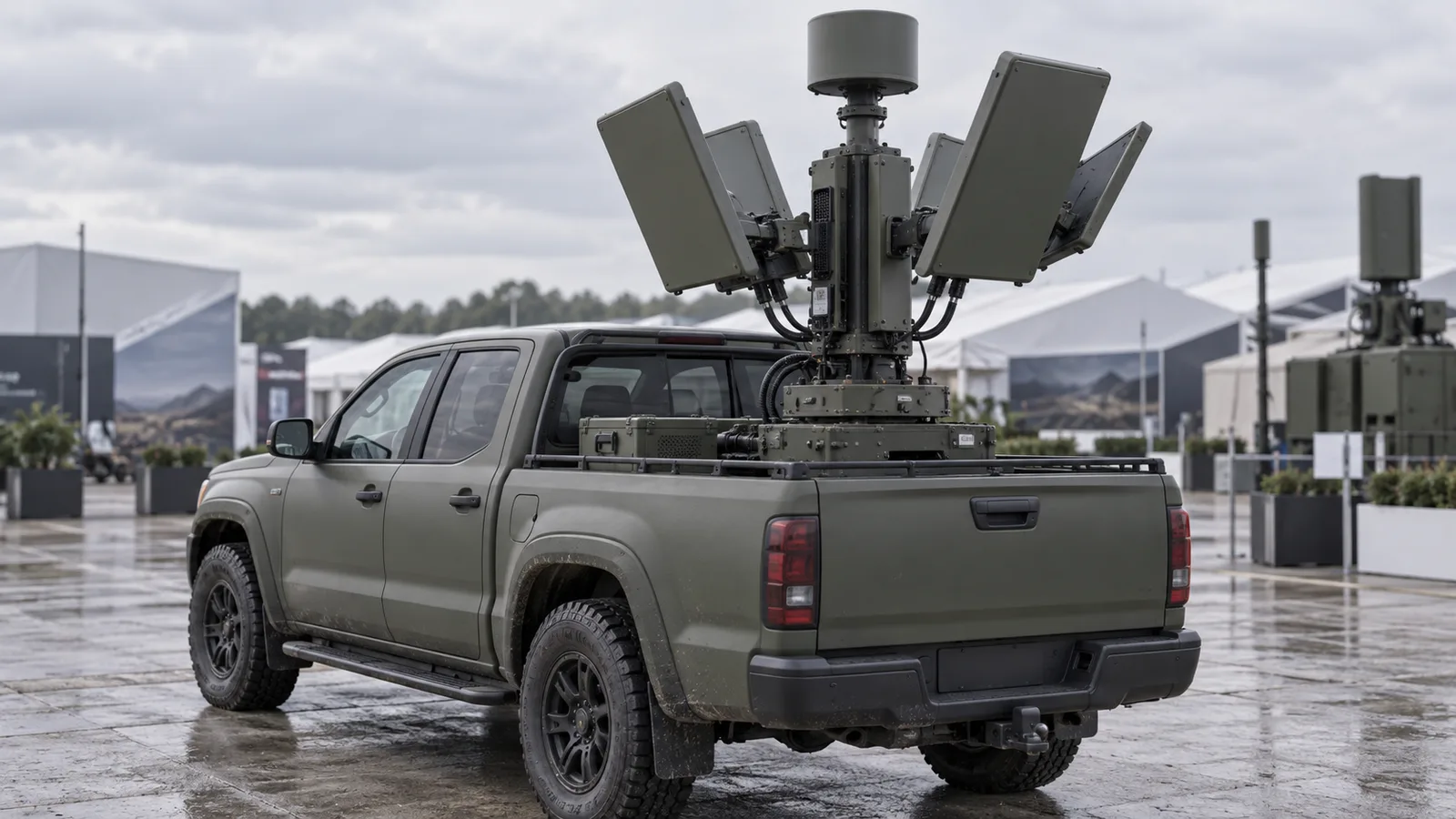 Rotating electronic warfare jamming module with directional antennas mounted on a pickup truck bed at an outdoor defence exhibition