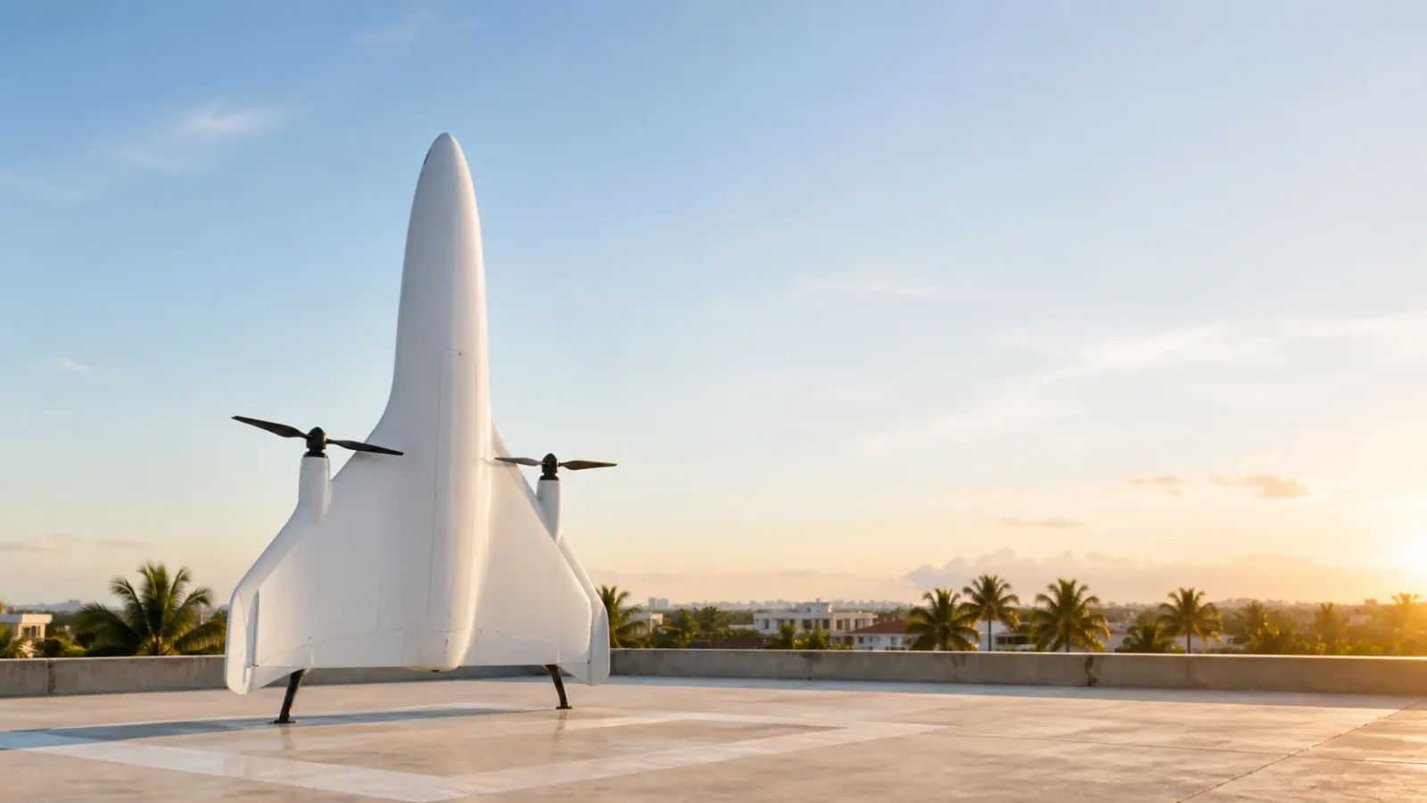 Small blended-wing cargo drone standing vertically on its tail before takeoff on a rooftop landing pad