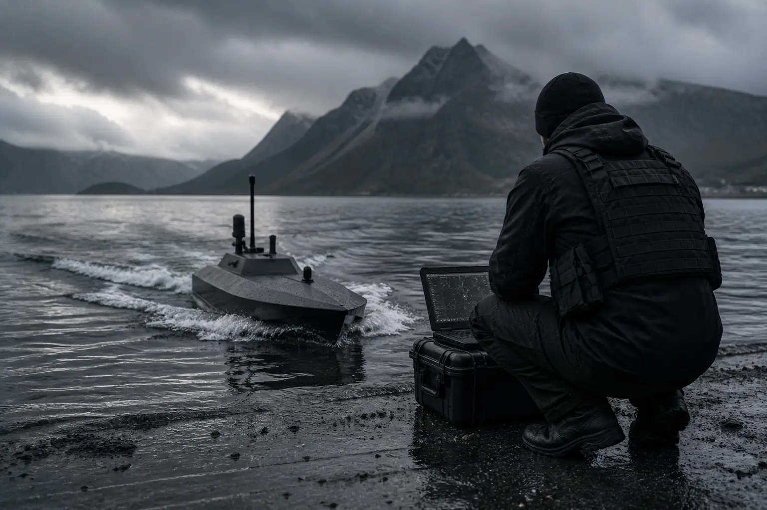 Kraken K7 SABRE unmanned surface vessel at speed on open water during a maritime exercise