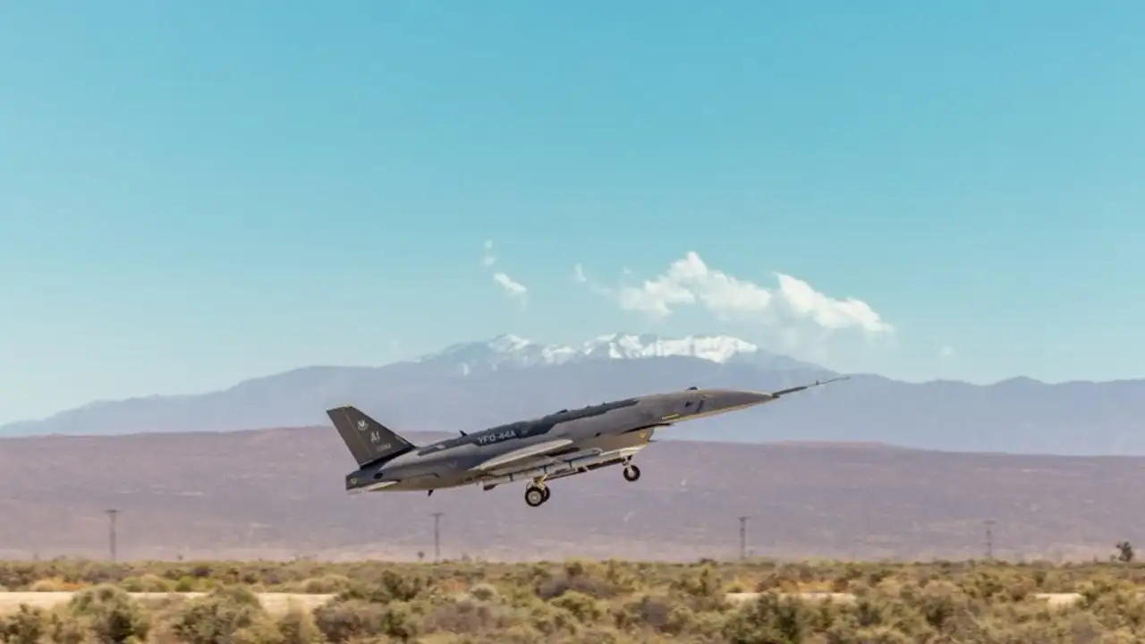 Anduril YFQ-44A autonomous combat aircraft on the runway at Edwards Air Force Base during experimental trials