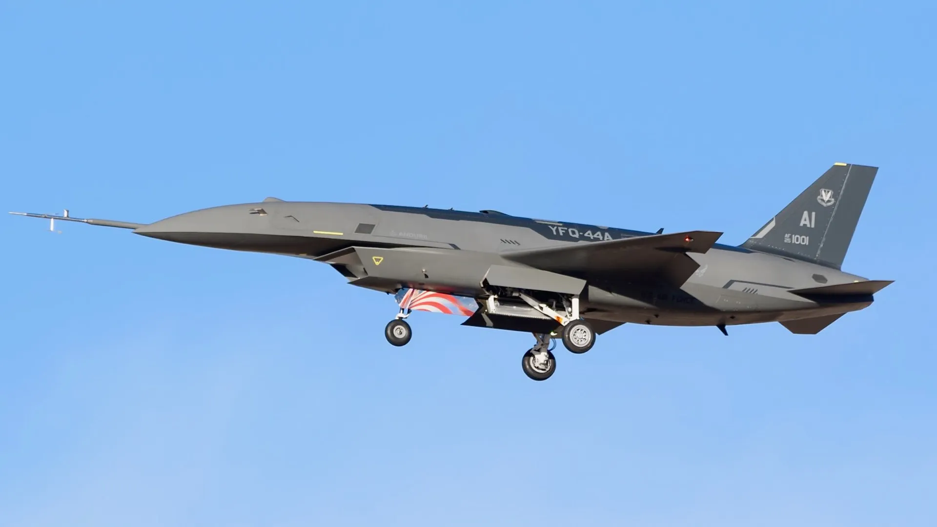 Anduril YFQ-44A Fury unmanned combat aircraft on the flight line at Edwards Air Force Base