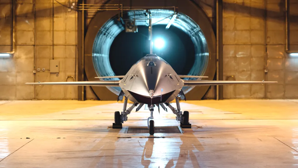 Anduril YFQ-44A Fury unmanned combat aircraft on the flight line at Edwards Air Force Base during Air Force-led testing