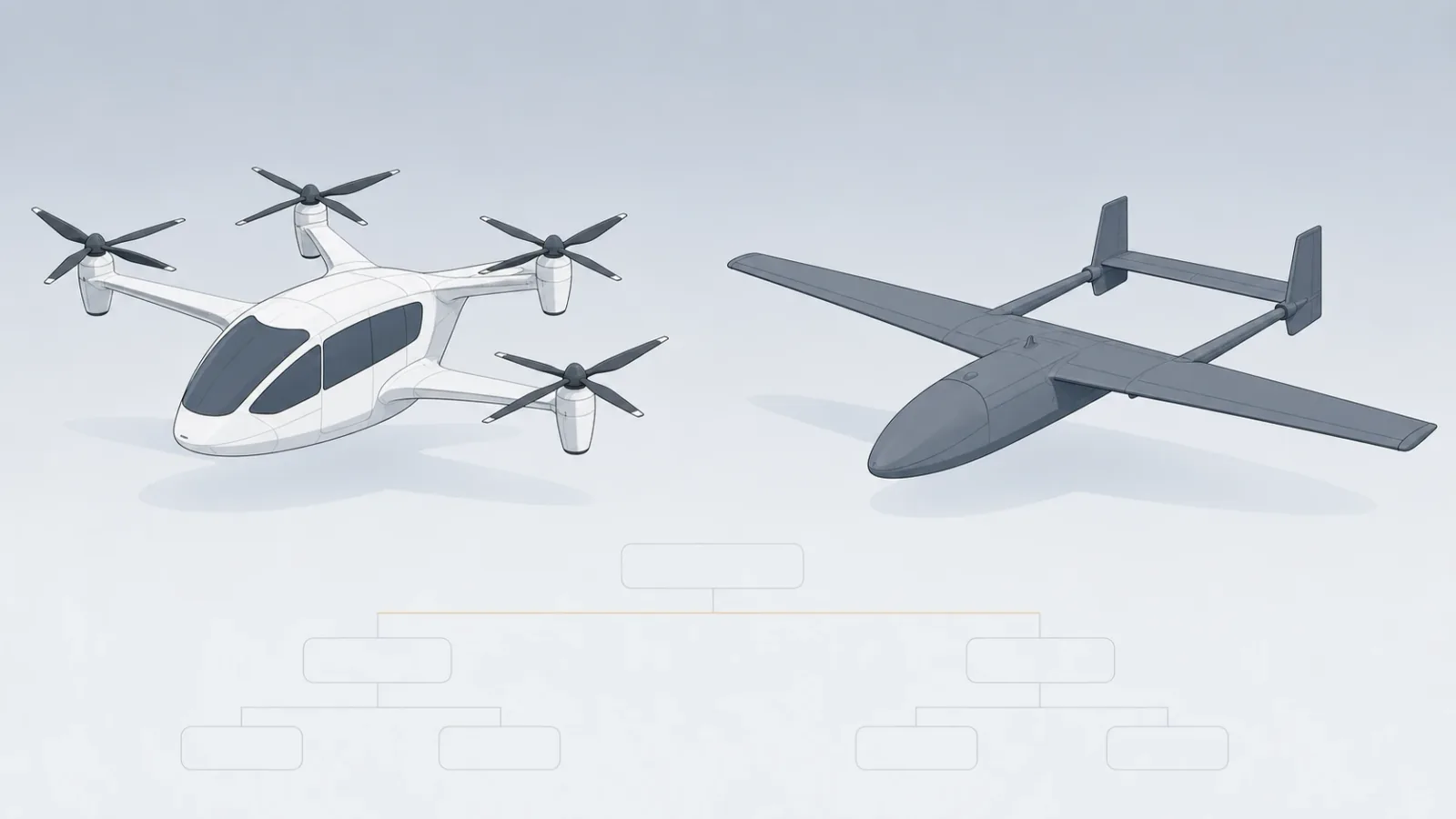 Illustration of an electric vertical takeoff aircraft and a fixed-wing uncrewed aircraft above a corporate ownership diagram