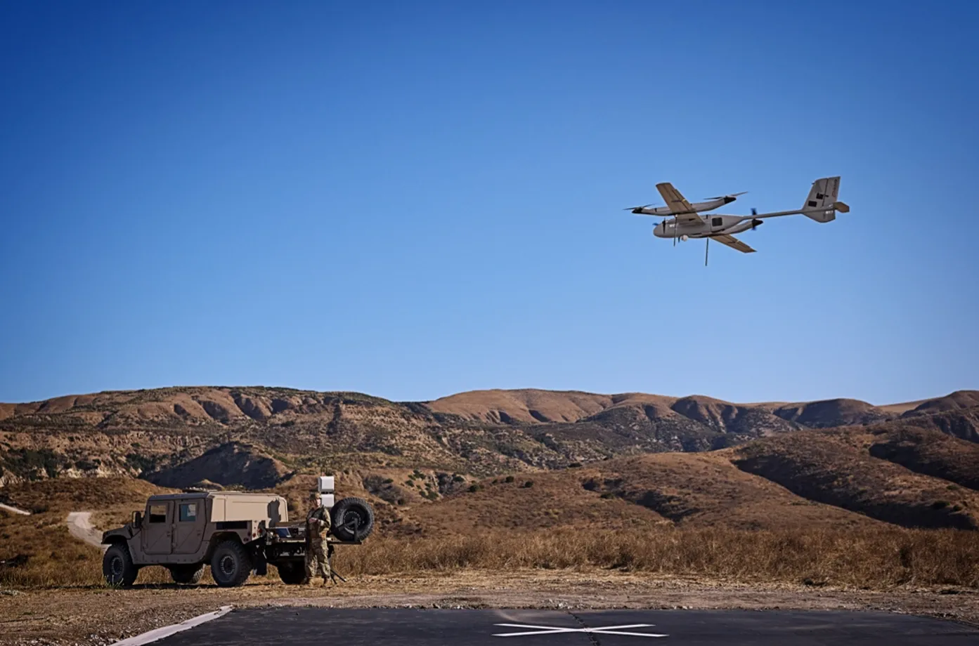 AeroVironment P550 long-range reconnaissance drone in flight during military trials