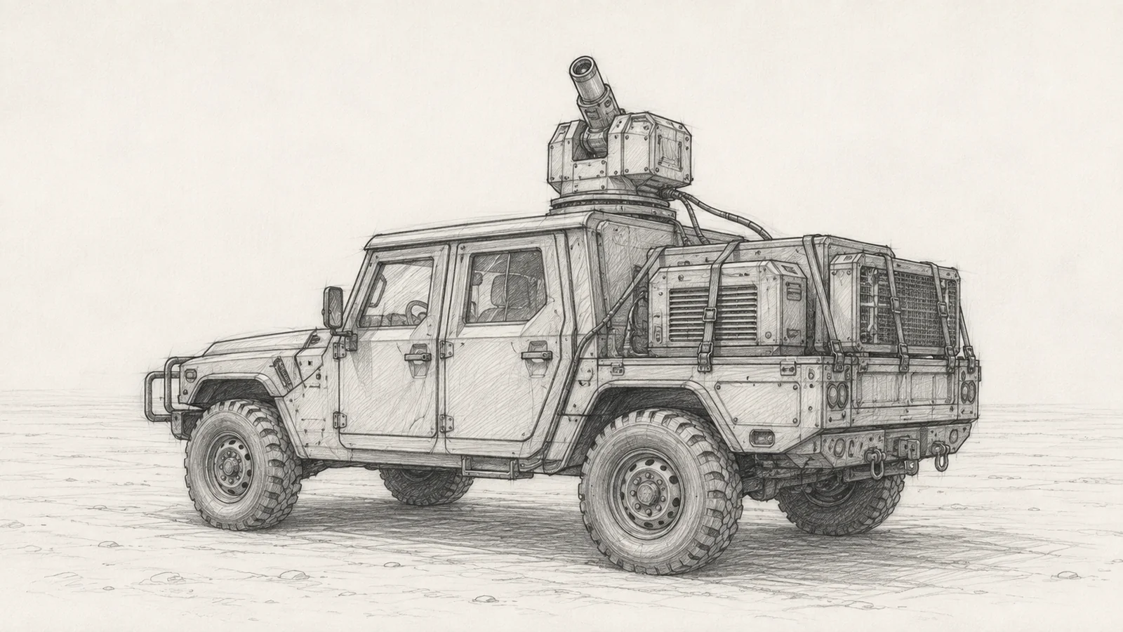 Line drawing of a laser turret mounted on the roof of a four-door tactical wheeled vehicle, its aperture raised toward the sky, with a generator and cooling unit on the rear bed
