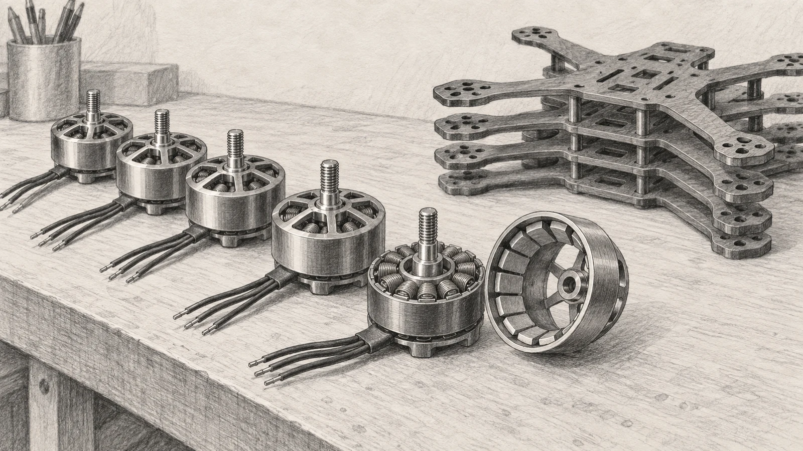 Graphite line drawing of a workbench with a row of small brushless drone motors, one opened to show a ring of curved magnets, beside a stack of bare quadcopter frames