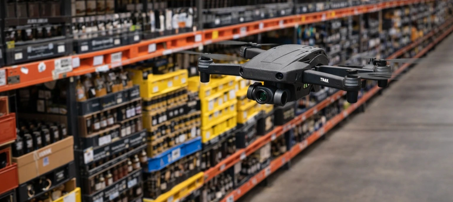 Corvus One autonomous drone flying through a warehouse aisle scanning inventory shelves