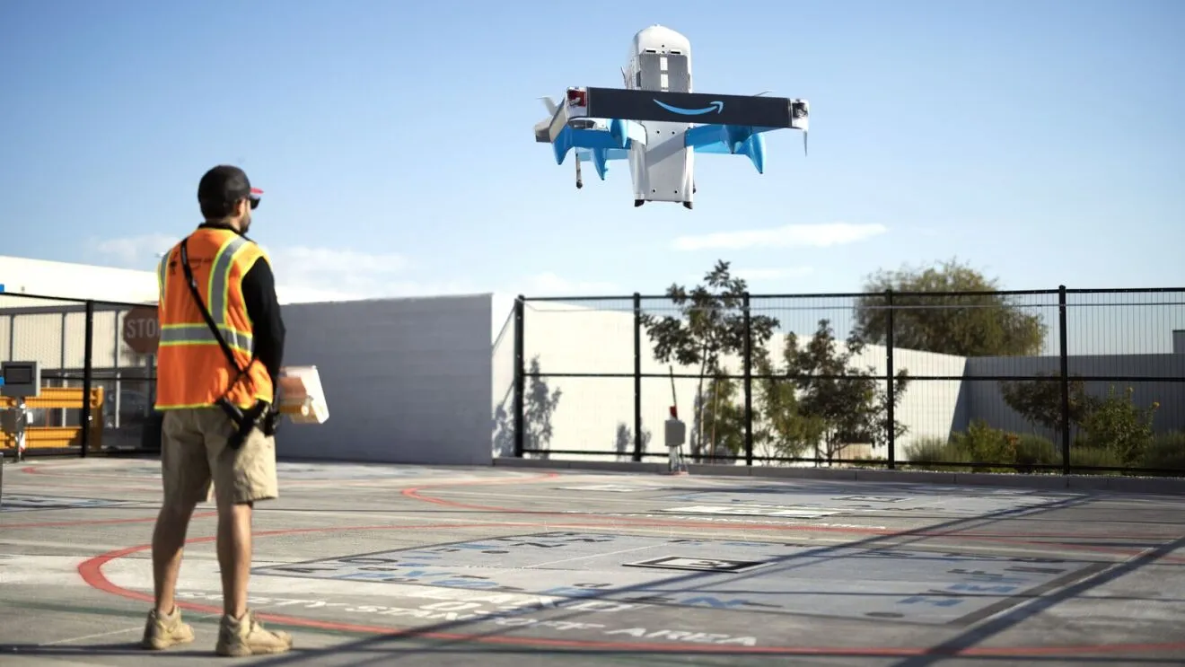 Amazon Prime Air MK30 drone in flight over a suburban area in Arizona