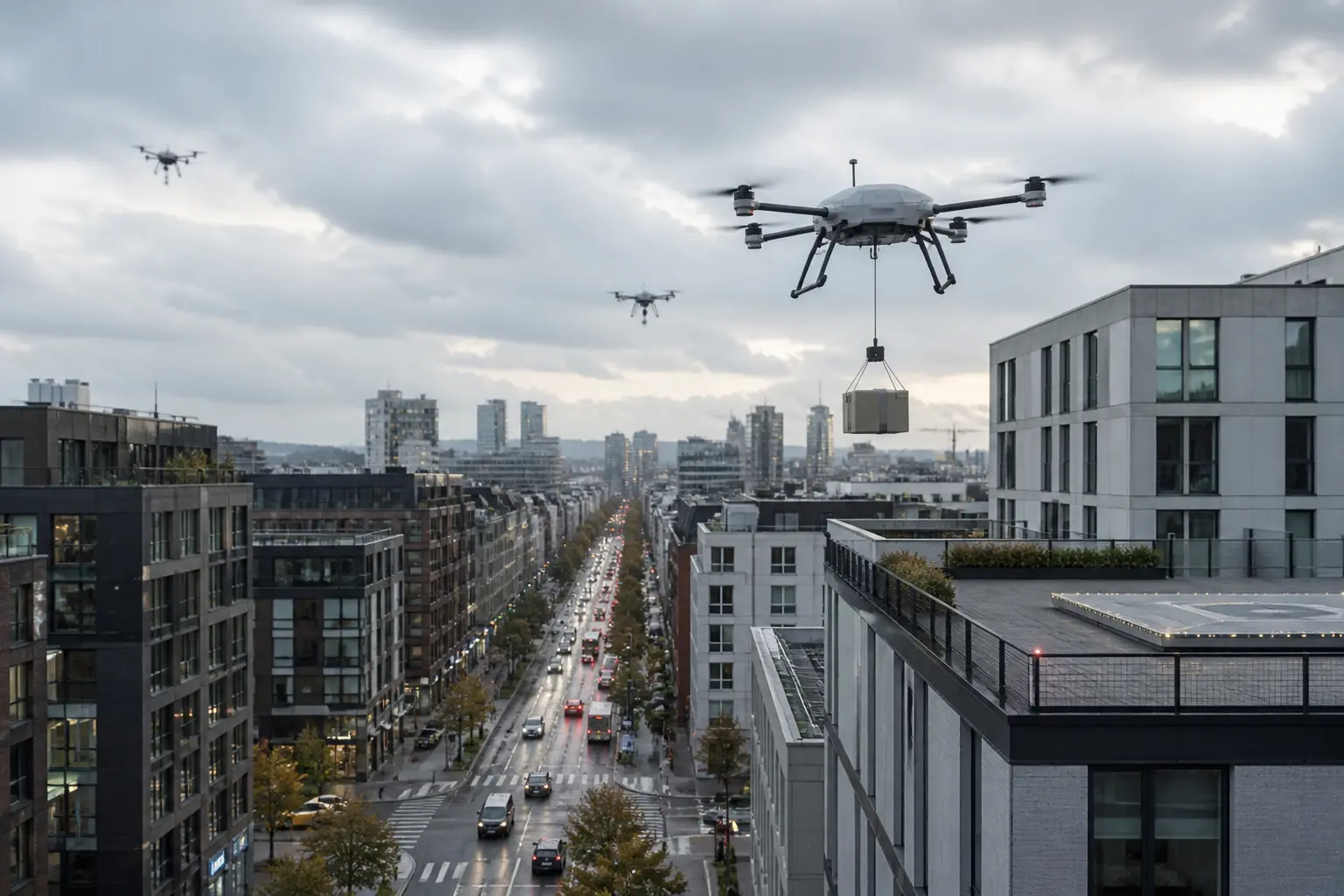 Photo showing a city from above many drone delivering packages