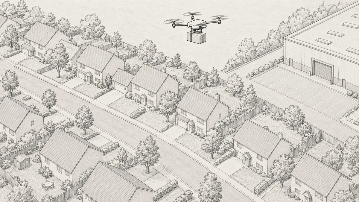 Graphite line drawing of a suburban street of detached houses seen from above, with a small delivery drone crossing the frame and a warehouse loading bay at the edge