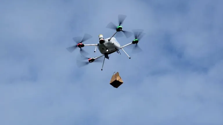 Manna Aero drone delivering a restaurant order over a Dublin suburb