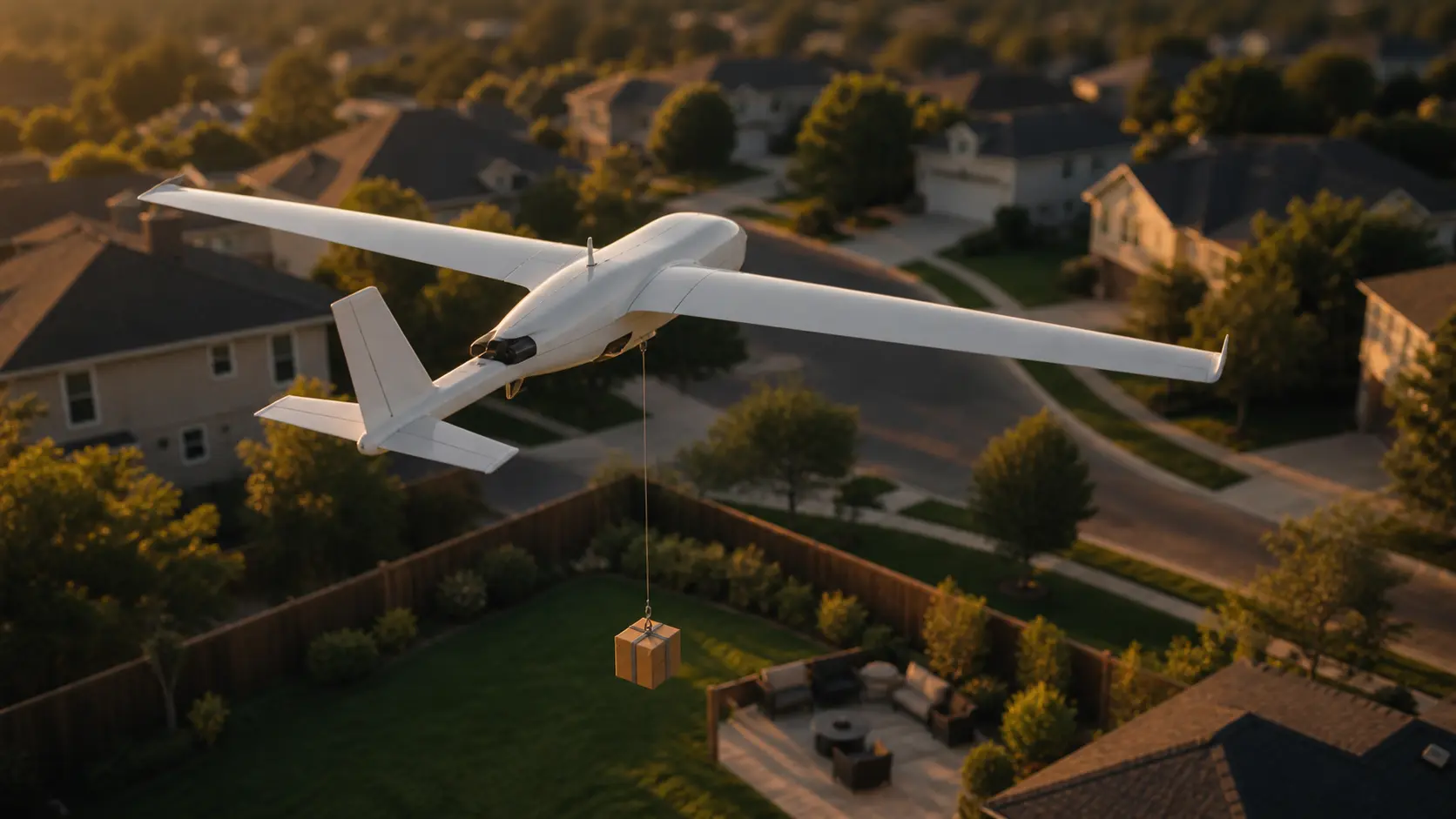 Zipline Platform 2 drone lowering a package via tethered droid during a suburban delivery operation