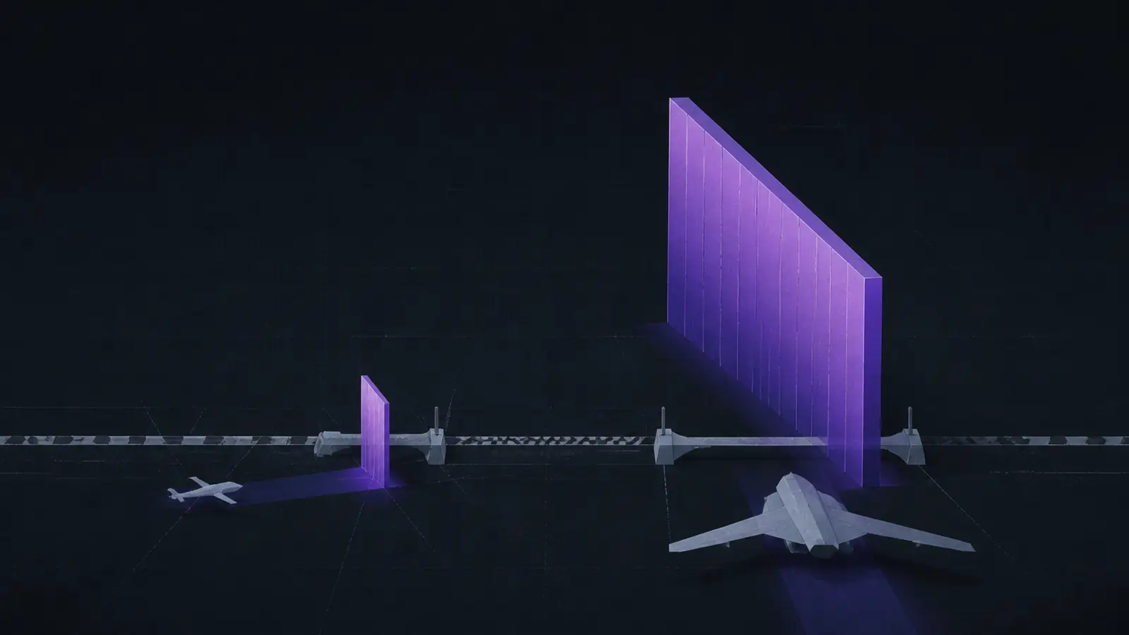 Low-polygon illustration of two purple barrier walls of very different height standing along a marked boundary line, with a small aircraft beside the low wall and a larger uncrewed aircraft beside the tall one