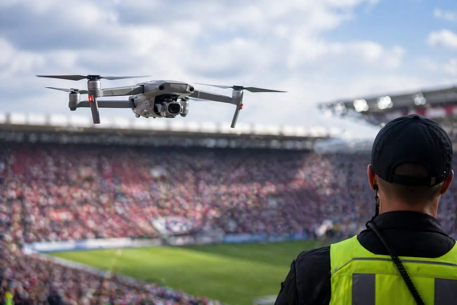 Security personnel monitoring airspace at a large outdoor stadium during a major sporting event