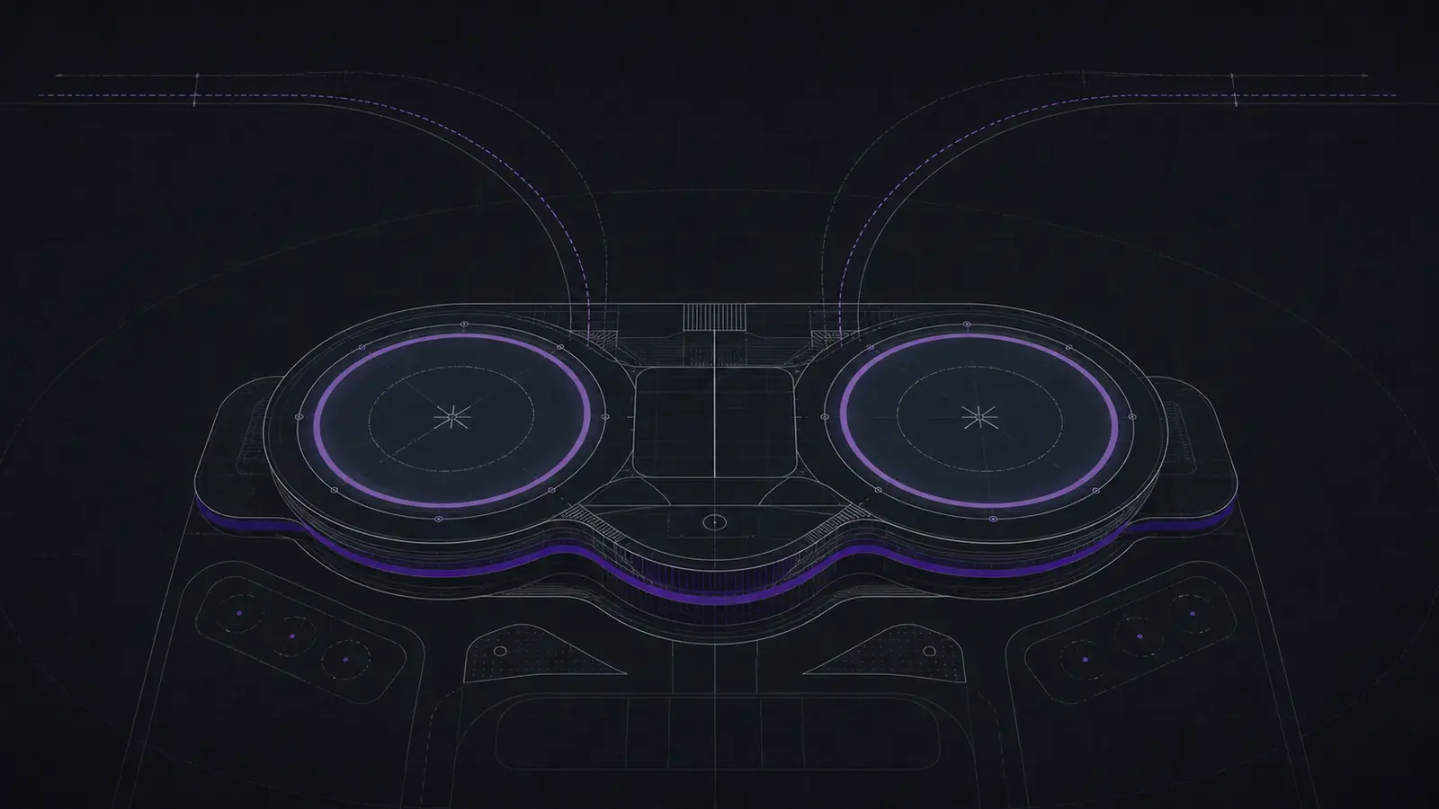 Technical overhead plan of a vertiport with two circular landing pads outlined in purple, joined by a central structure and linked to a road by curved approach paths