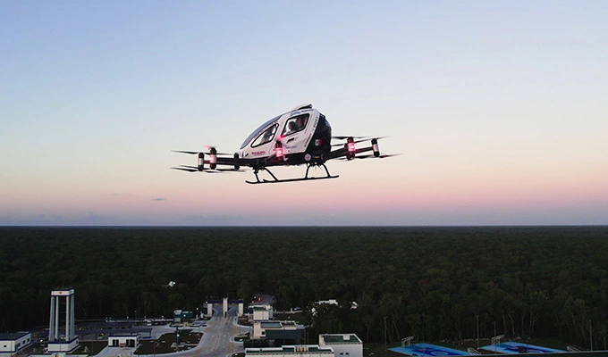 EHang EH216-S pilotless eVTOL aircraft on display at FAMEX Tulum Air Show 2026 at Tulum International Airport