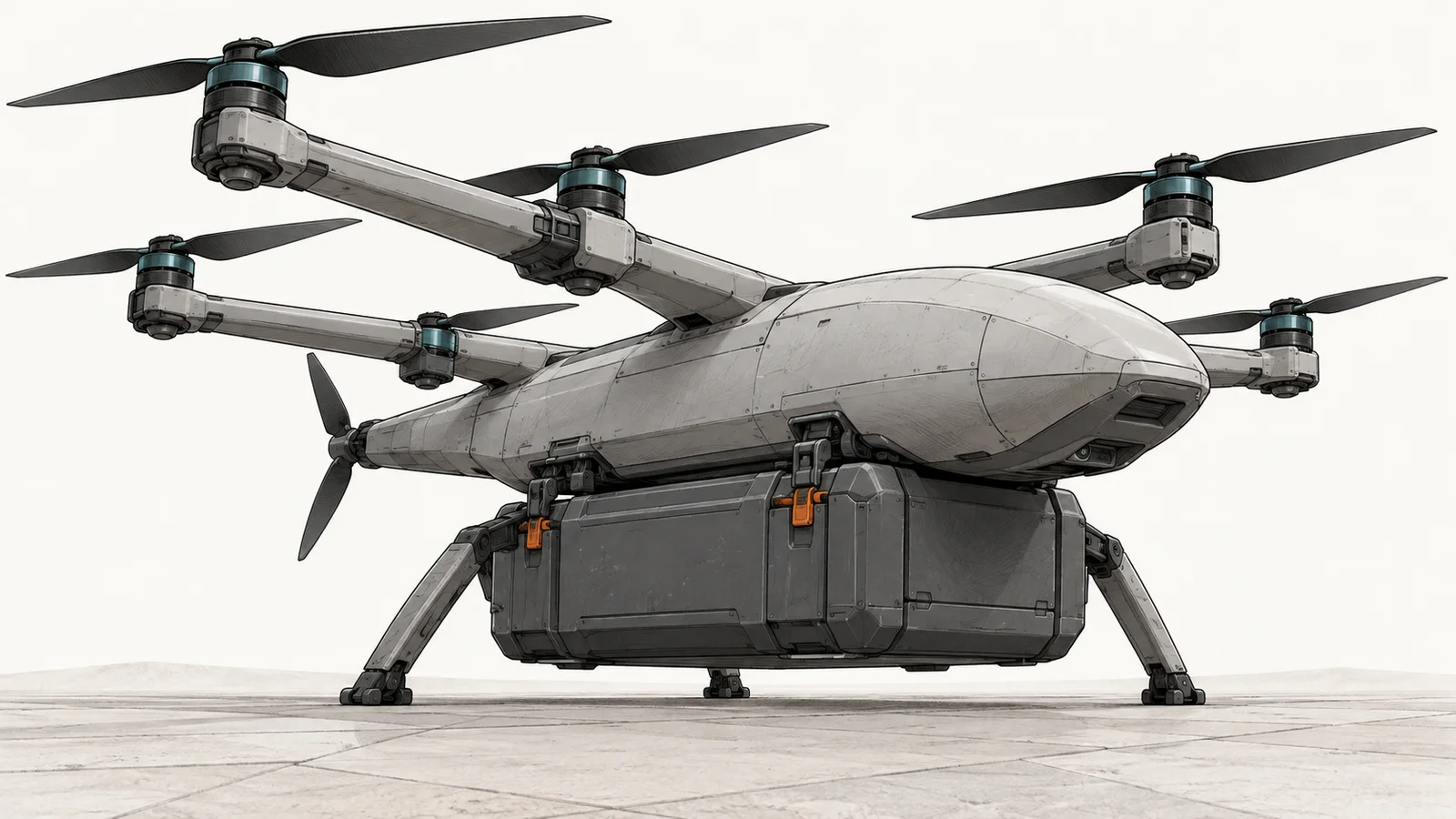 Illustration of a generic hybrid-electric cargo drone with eight lift rotors and a detachable cargo pod beneath it, on an off-white background