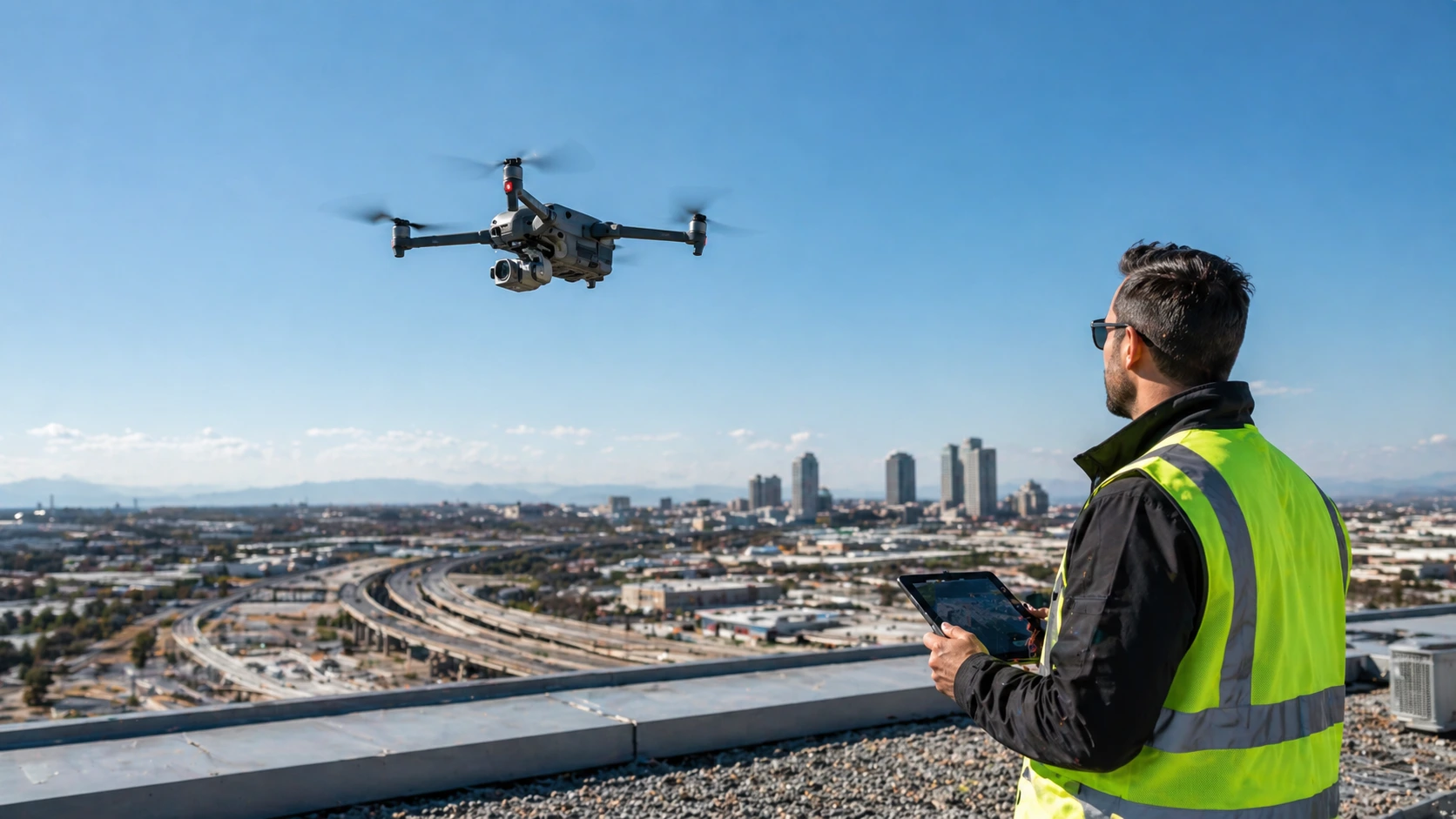 Enterprise drone in flight during infrastructure inspection over power transmission lines