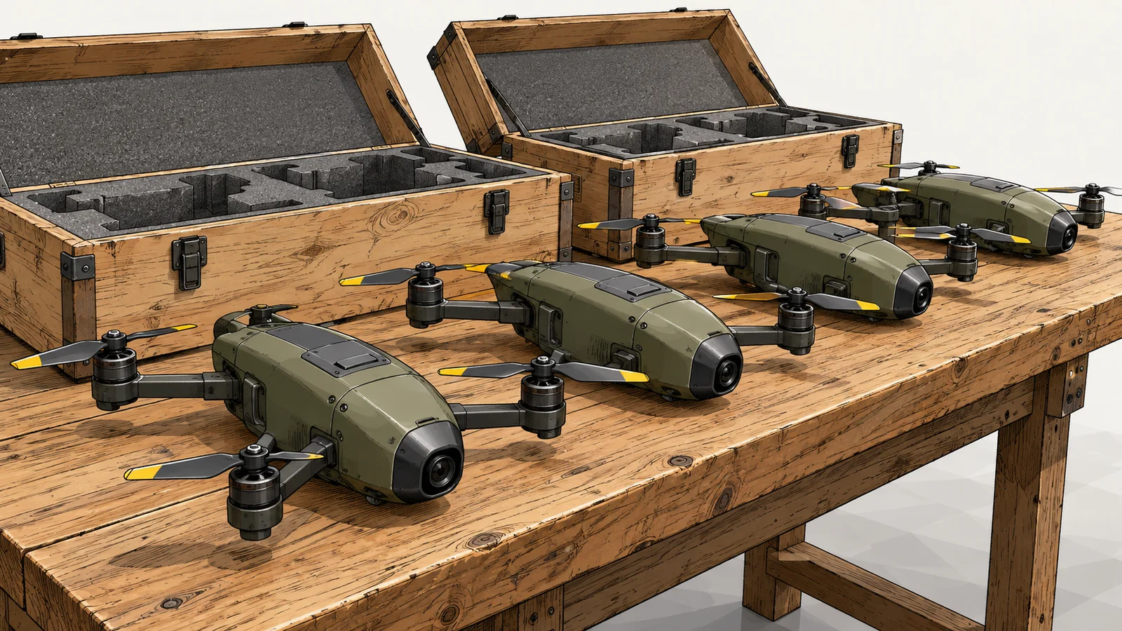 Illustration of a row of generic small interceptor drones on a workshop bench beside open shipping crates, on an off-white background