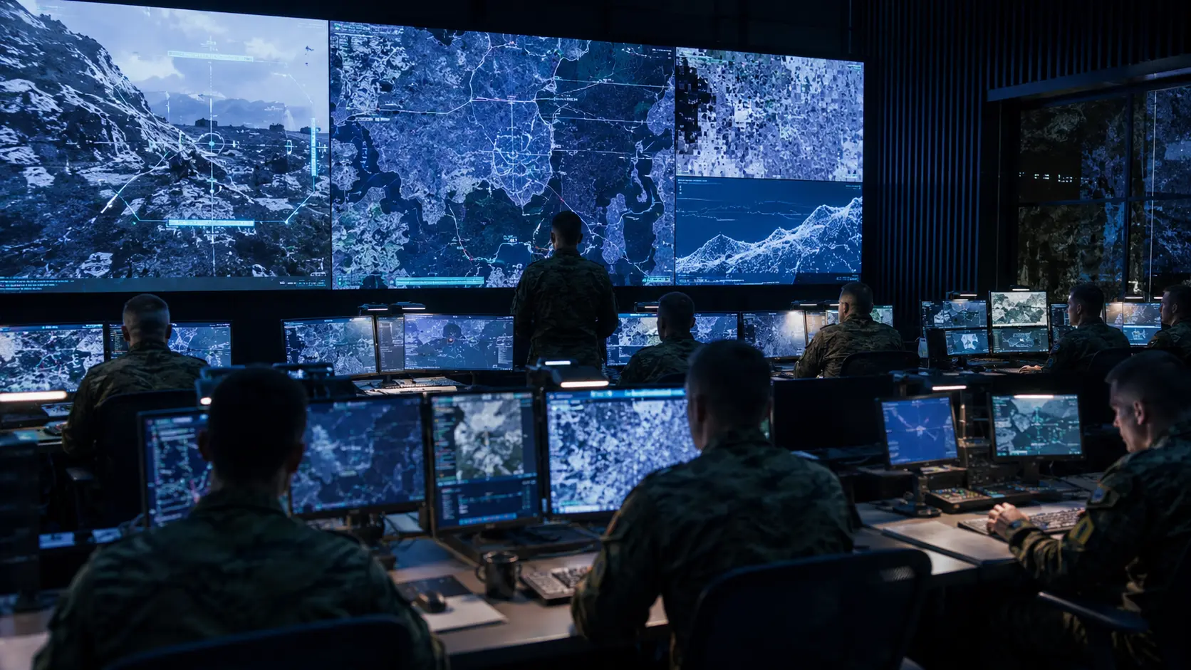 European military command center with digital battle management displays and AI-enabled decision support systems