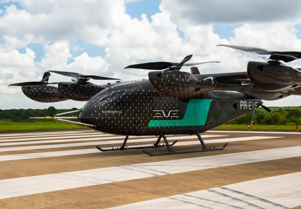 Eve Air Mobility eVTOL aircraft in flight over an urban skyline