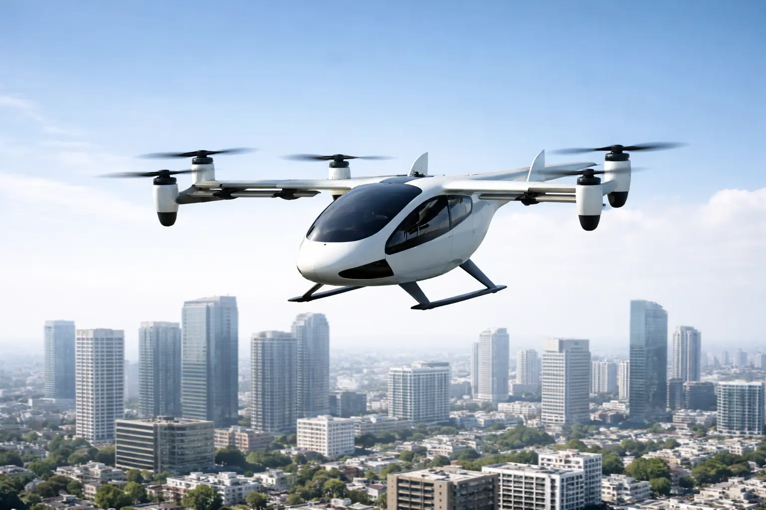 Joby Aviation S4 eVTOL aircraft in flight over a city, electric air taxi with tilting rotors