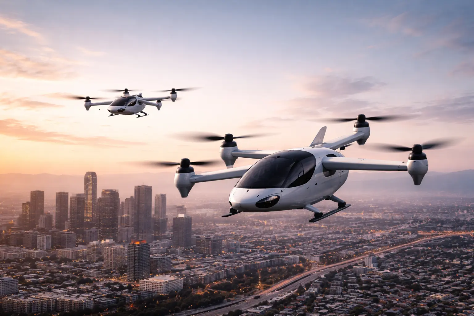Joby Aviation eVTOL aircraft in flight over urban skyline, FAA pilot program