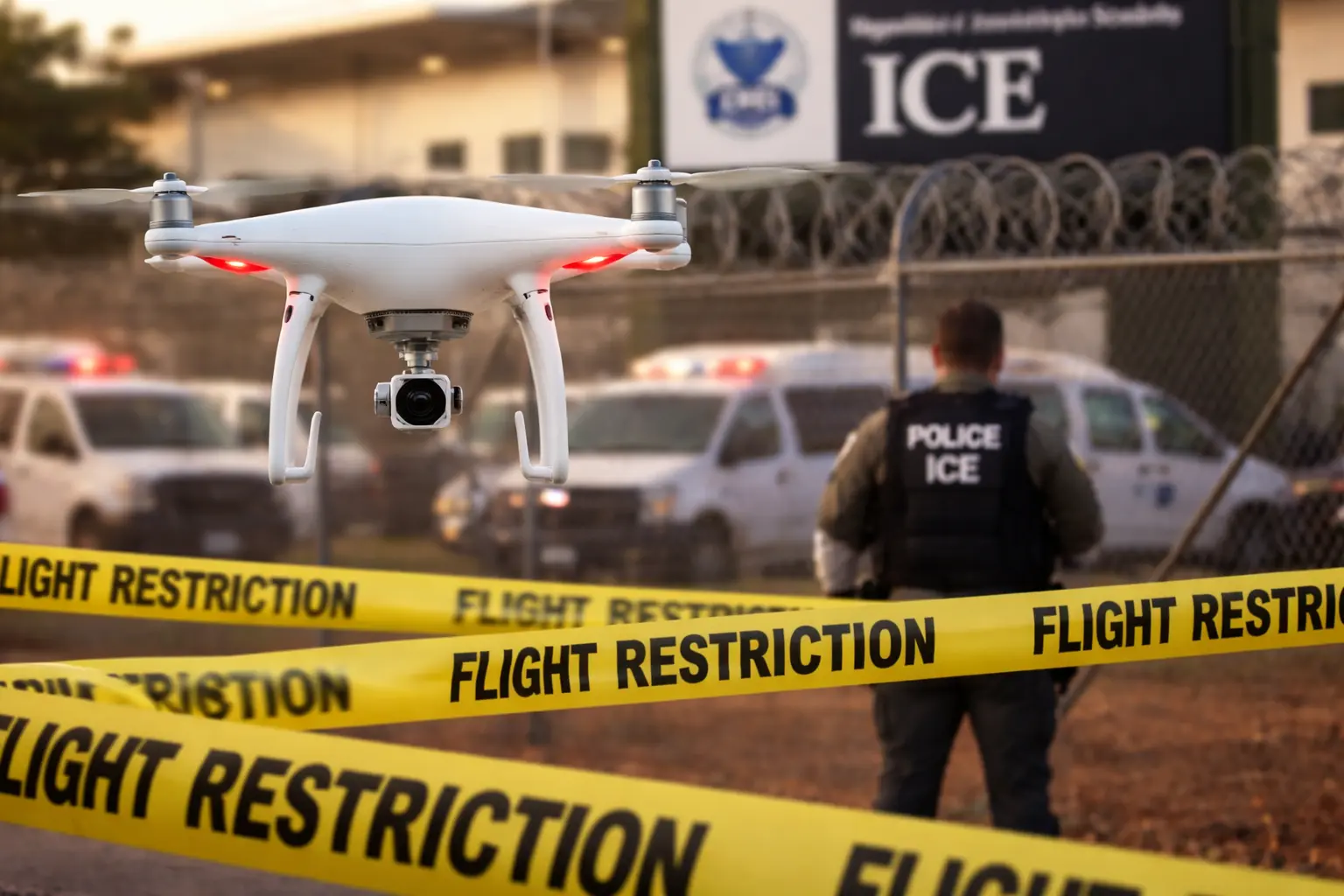 Drone flying near law enforcement vehicles under restricted airspace