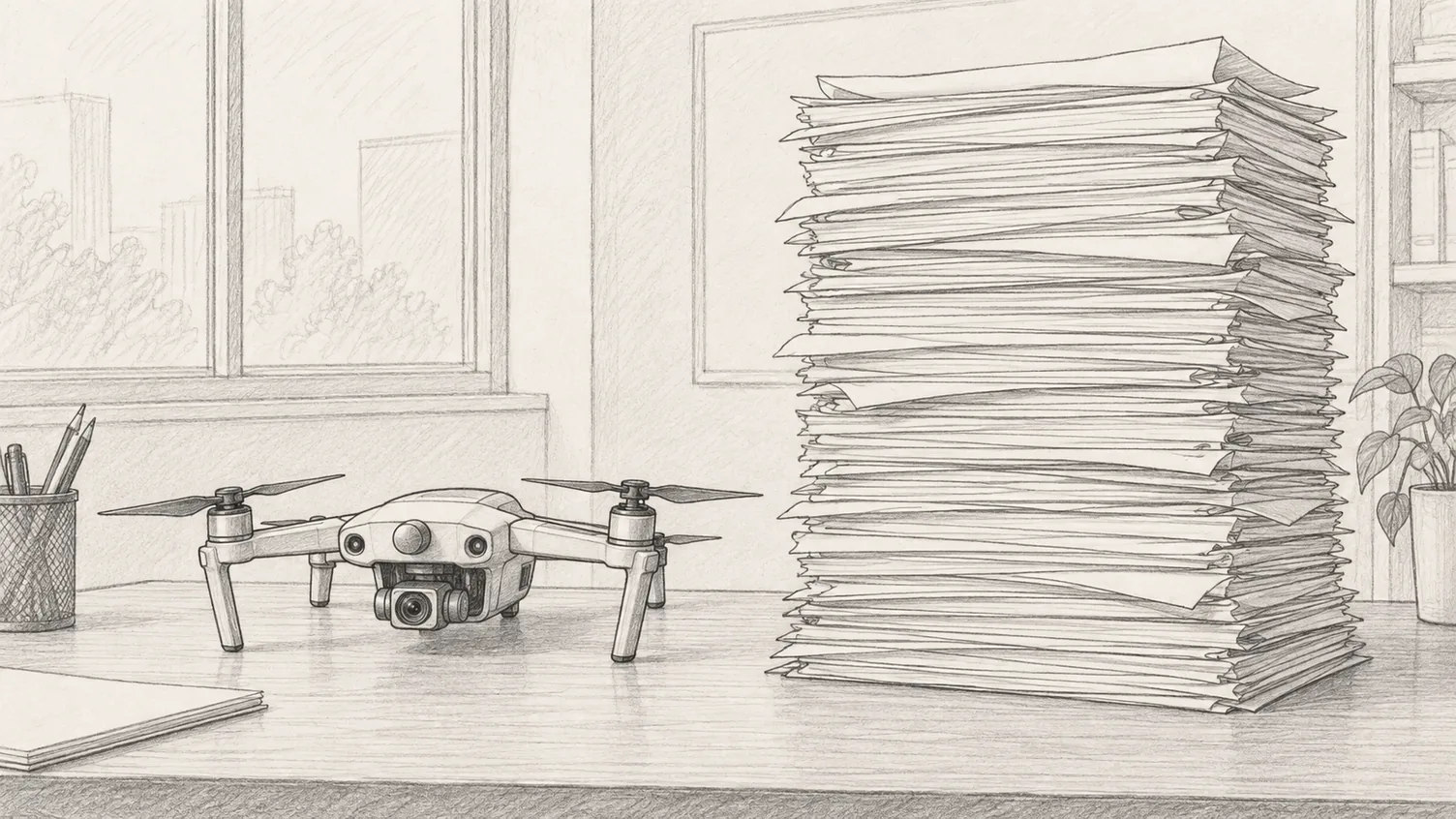 Graphite line drawing of a small camera drone on a desk beside a paper stack far taller than it, in a plain office interior