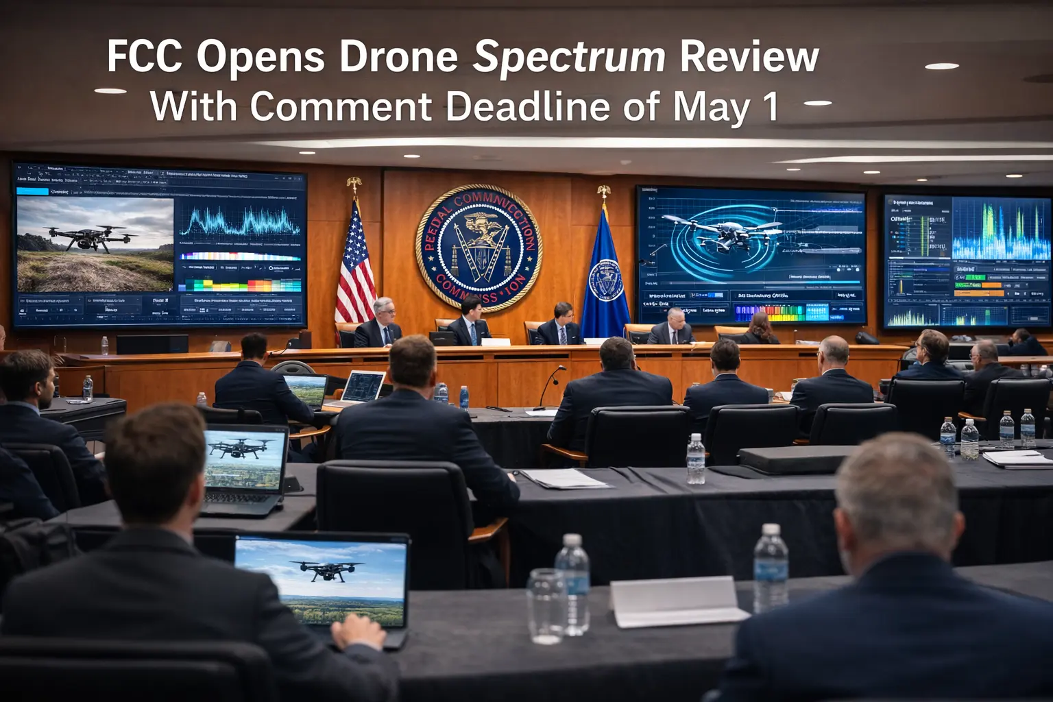 FCC building exterior with radio tower in background, drone spectrum regulation