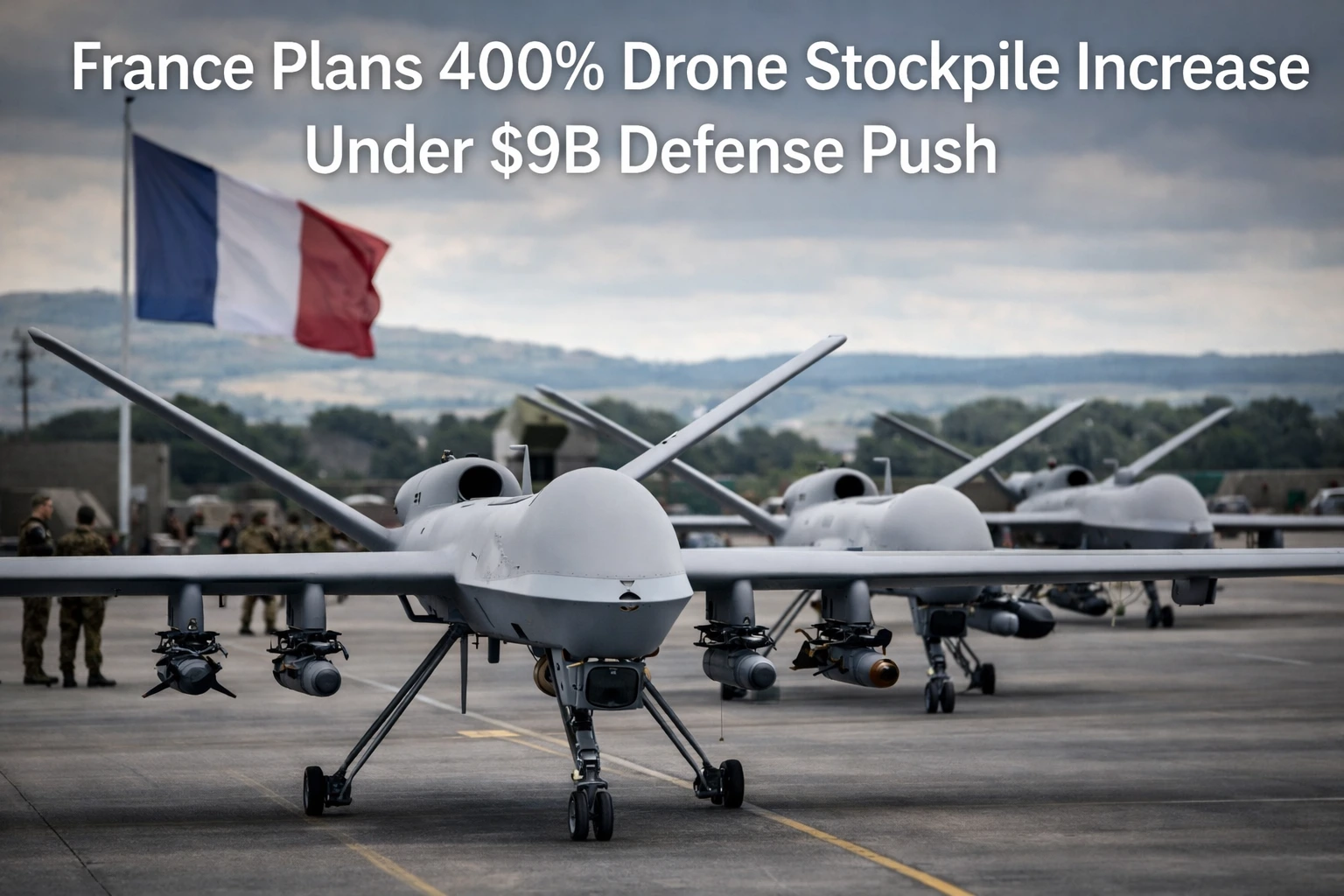 French military drone on an airfield with ground crew, European defense procurement