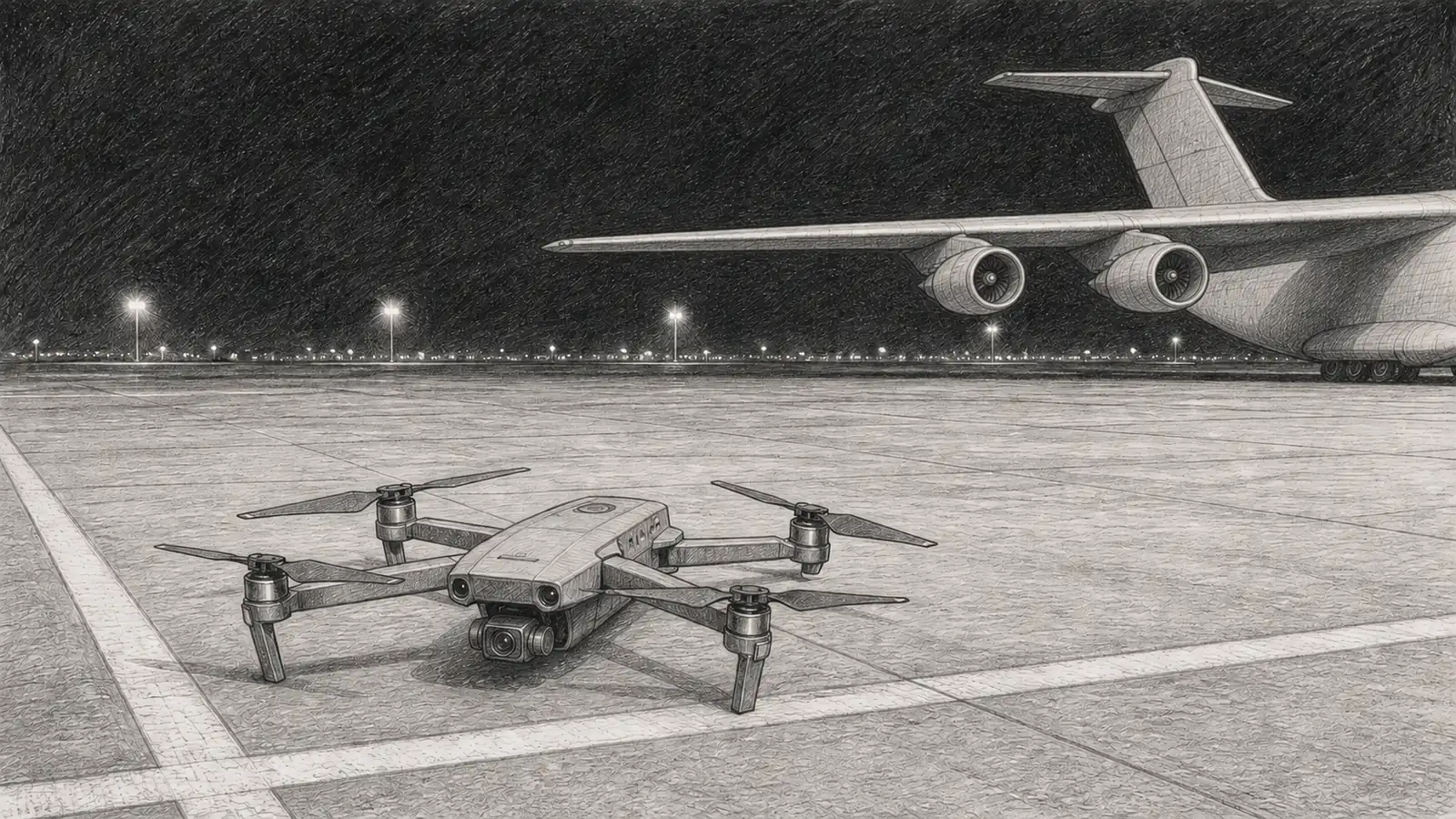 Line drawing of a small four-rotor drone resting on an empty airport apron at night, seen from a low angle, with the tail and wing of a large cargo aircraft rising behind it