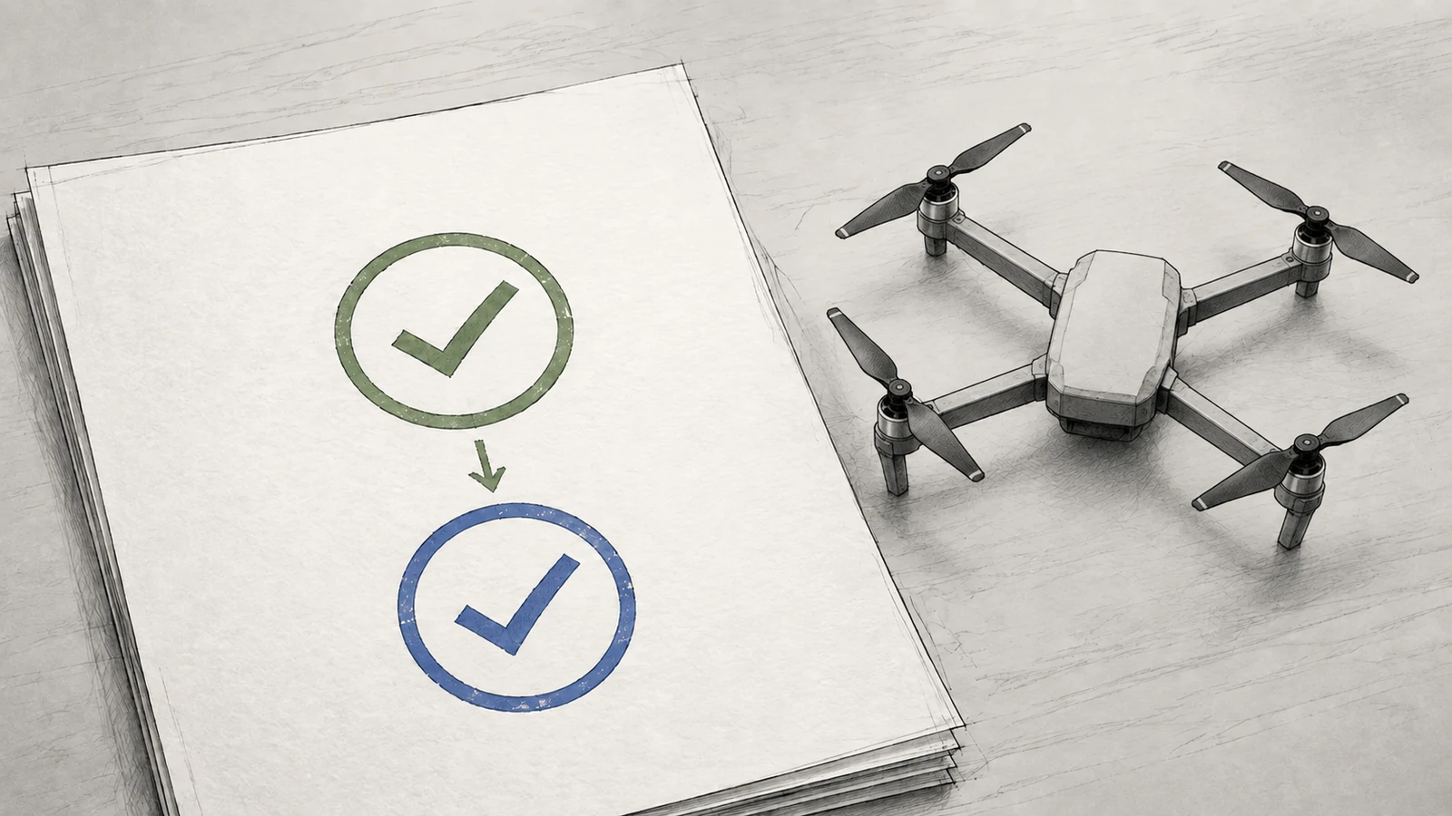 Two stacked approval stamps on a document beside a small quadcopter on a desk, the upper stamp green and the lower one blue
