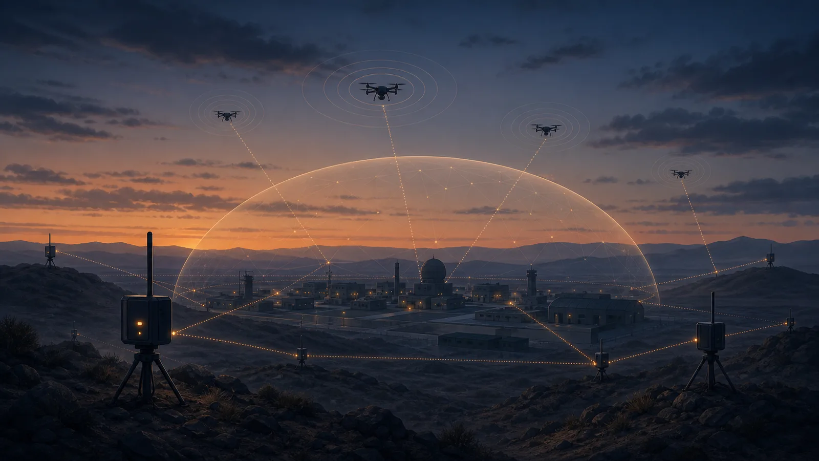 Distributed passive sensors monitoring drones around a generic military installation at dusk