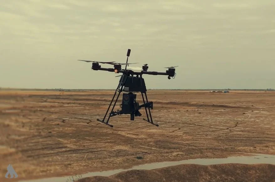 SARA 1 quadcopter combat drone with mounted infantry rifle and thermal camera system