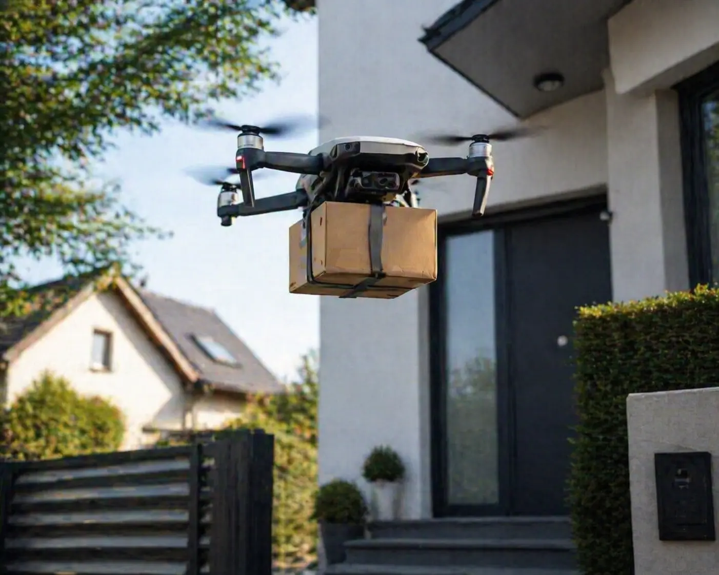 Matternet autonomous delivery drone in flight over an urban area carrying a medical cargo box