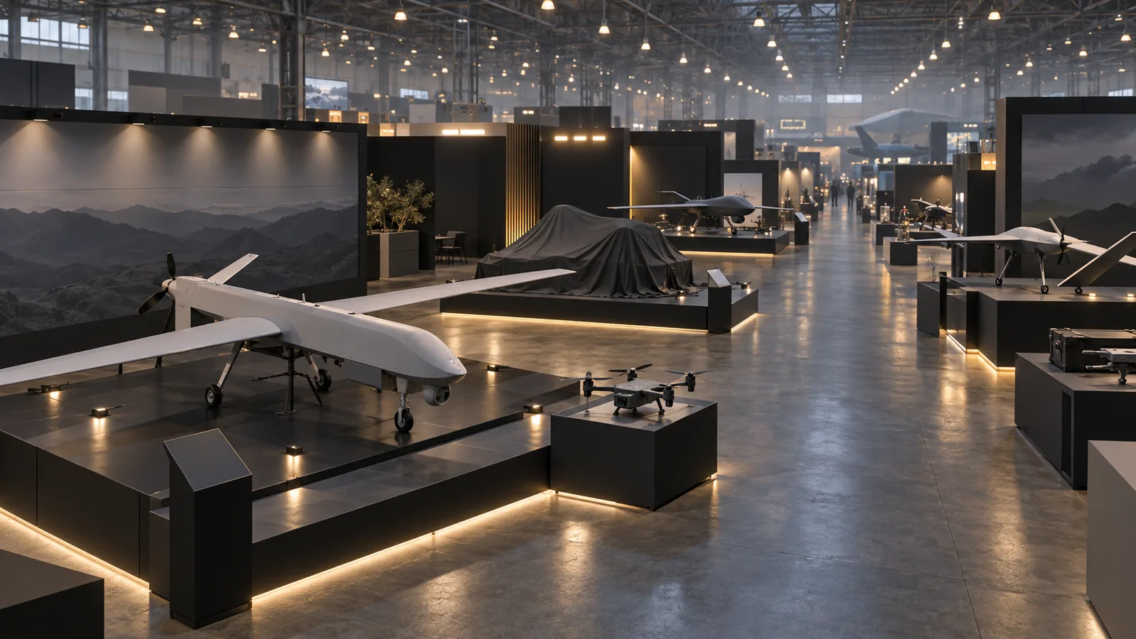 Wide interior view of a large defence trade exhibition hall with unmanned aircraft displayed on stands under industrial lighting