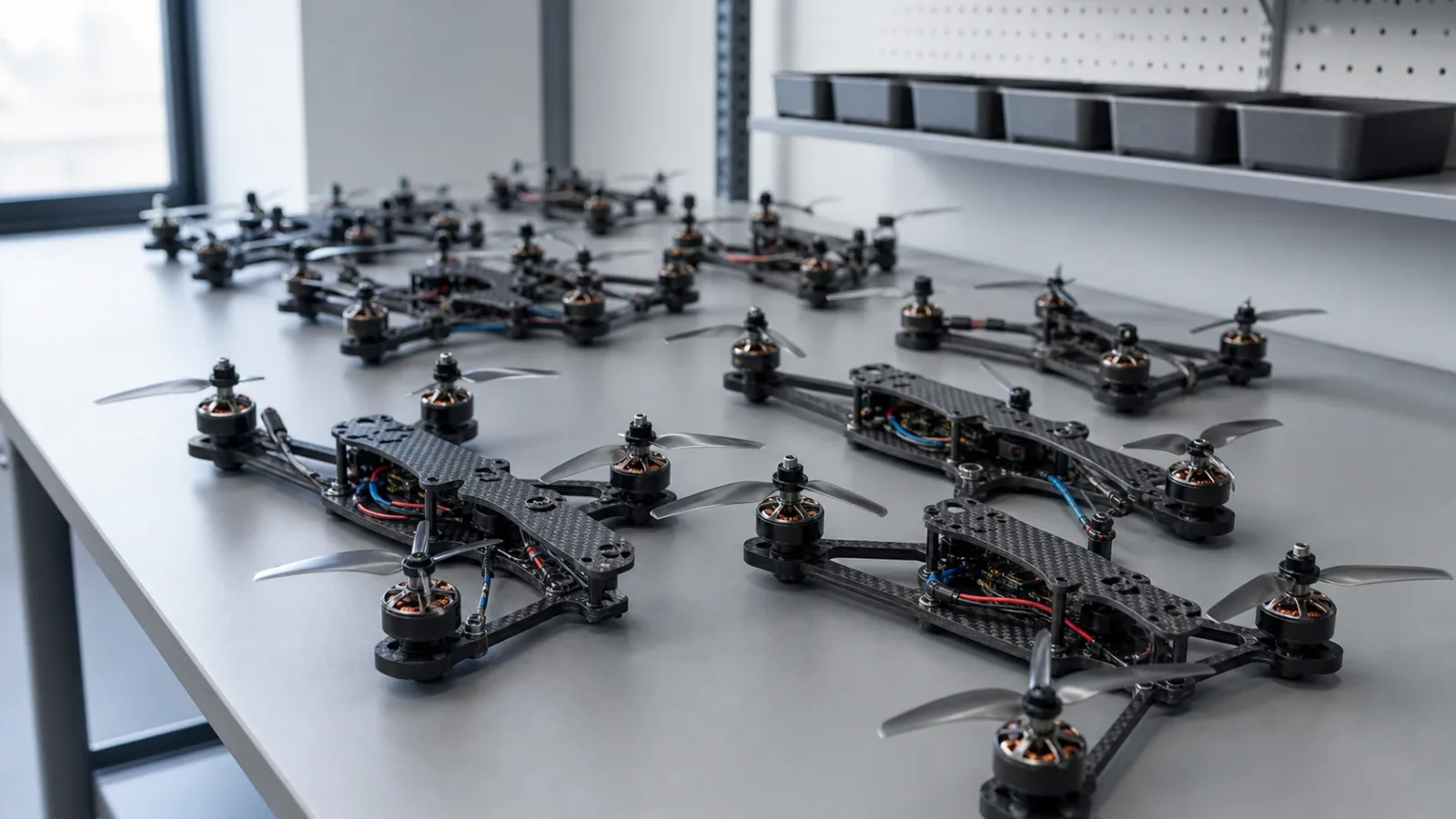 Rows of small first-person-view quadcopter airframes on an assembly bench in a clean industrial workspace