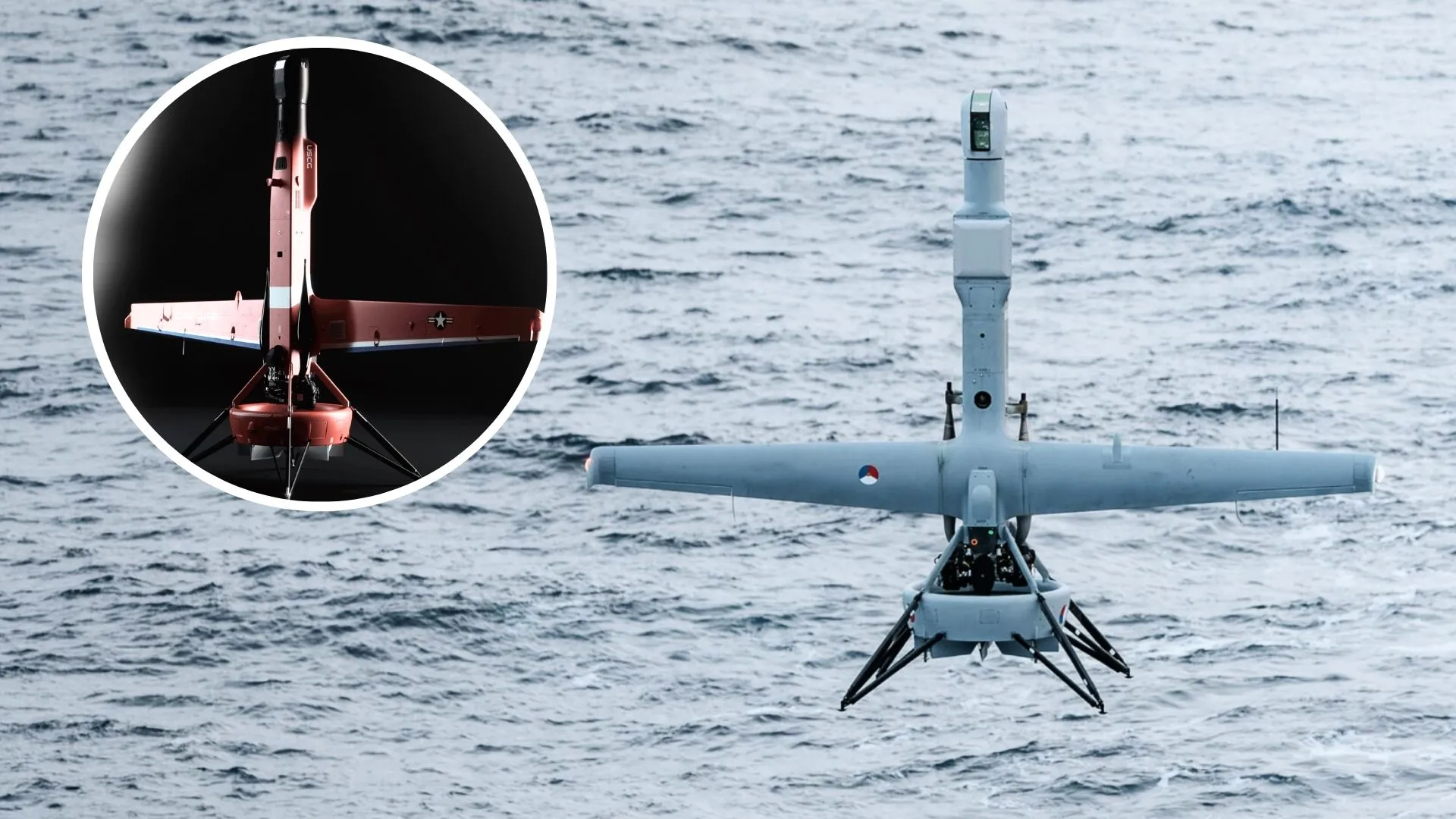 Shield AI V-BAT drone with ducted fan design on a naval vessel deck