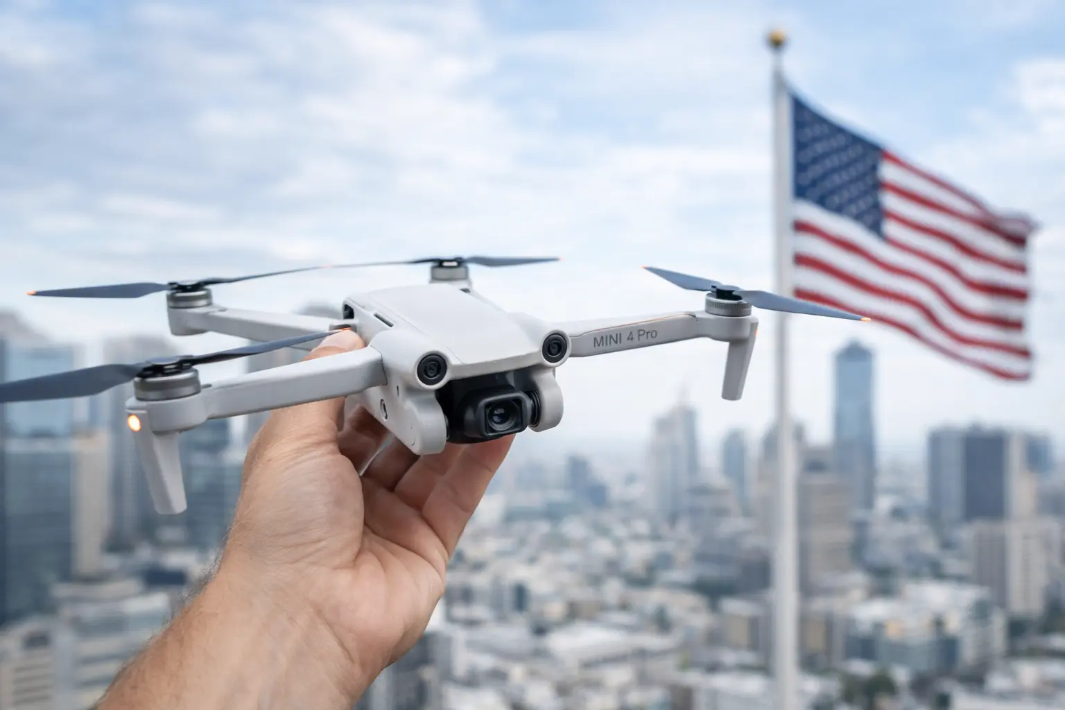 DJI consumer drone on display with US Capitol building in background