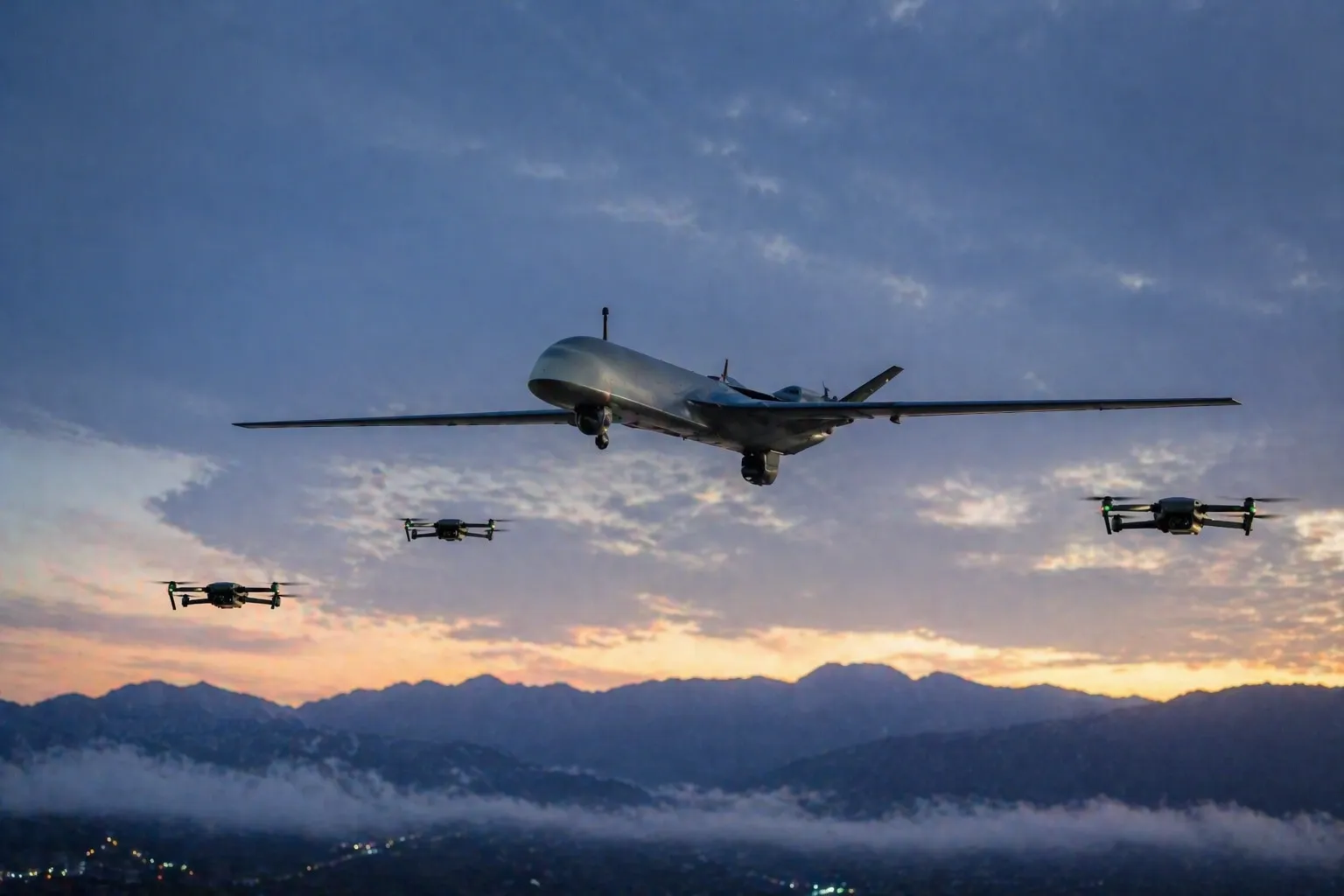 U.S. military drones flying in formation during a combat exercise at Fort Campbell Tennessee