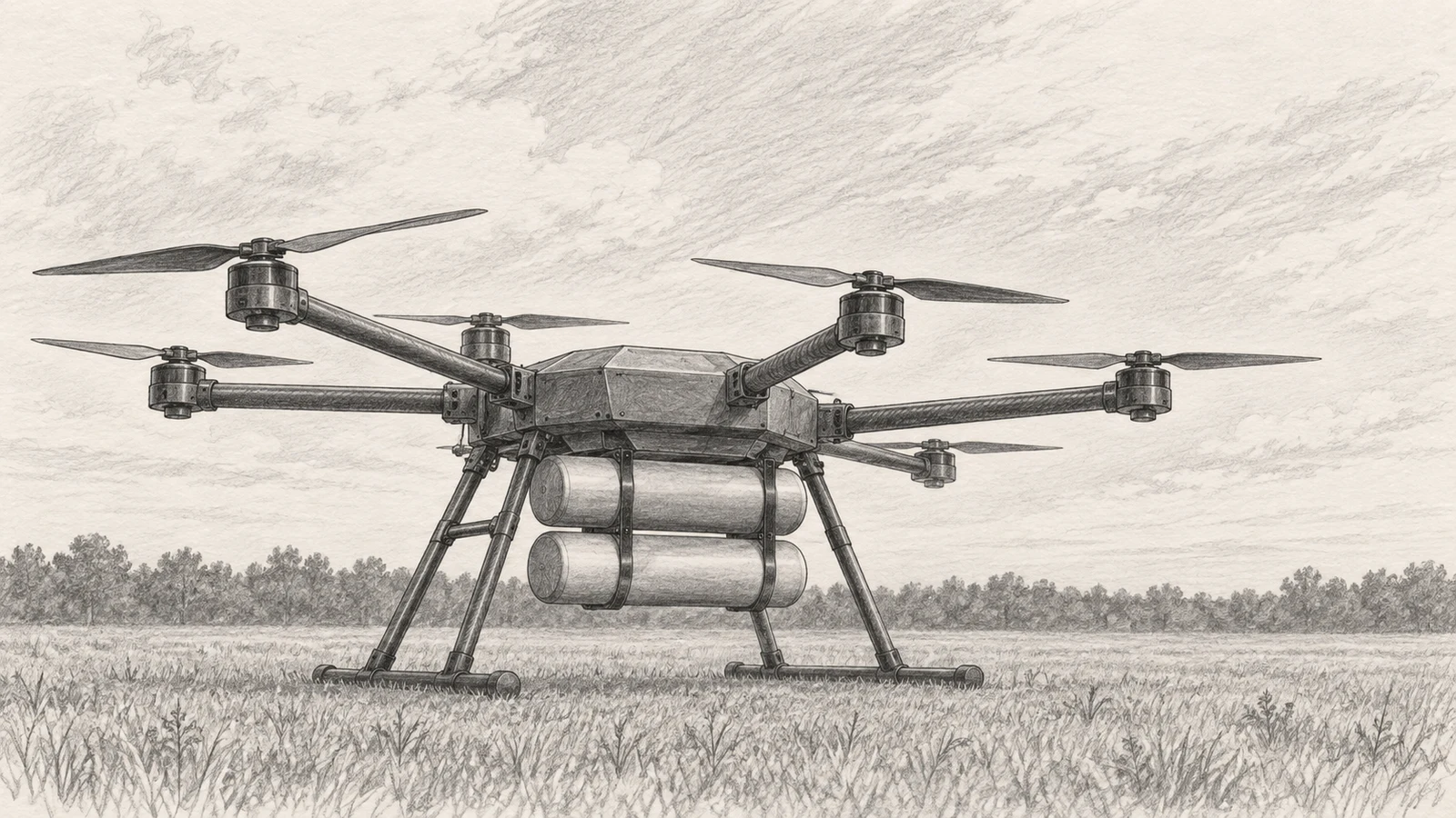 Graphite line drawing of a large six-rotor drone standing on an empty grass test field, with two plain training canisters hanging beneath it and a treeline behind