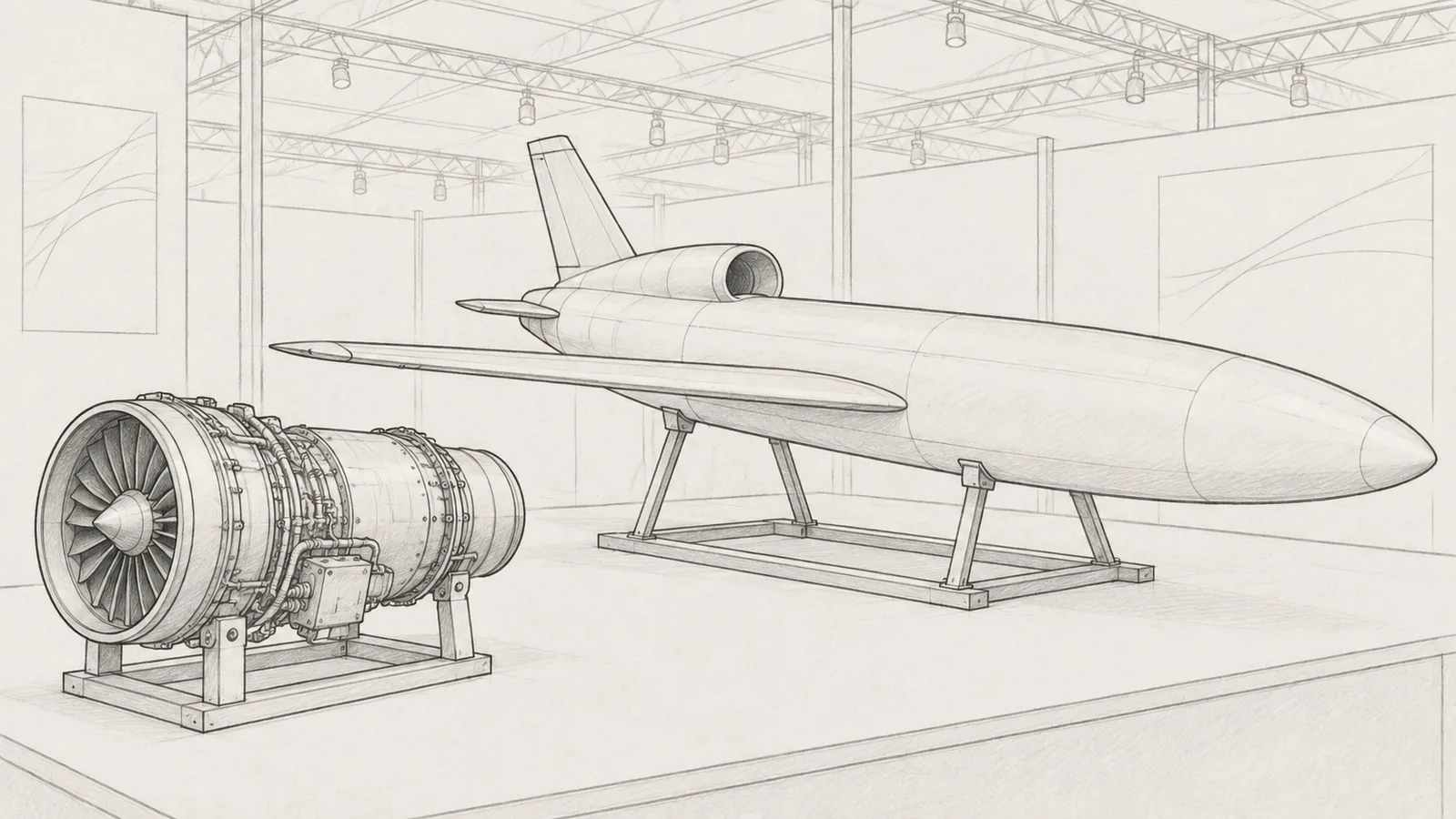Graphite line drawing of a generic jet-powered drone on a display cradle in an exhibition hall, beside an enlarged model aircraft engine in the foreground