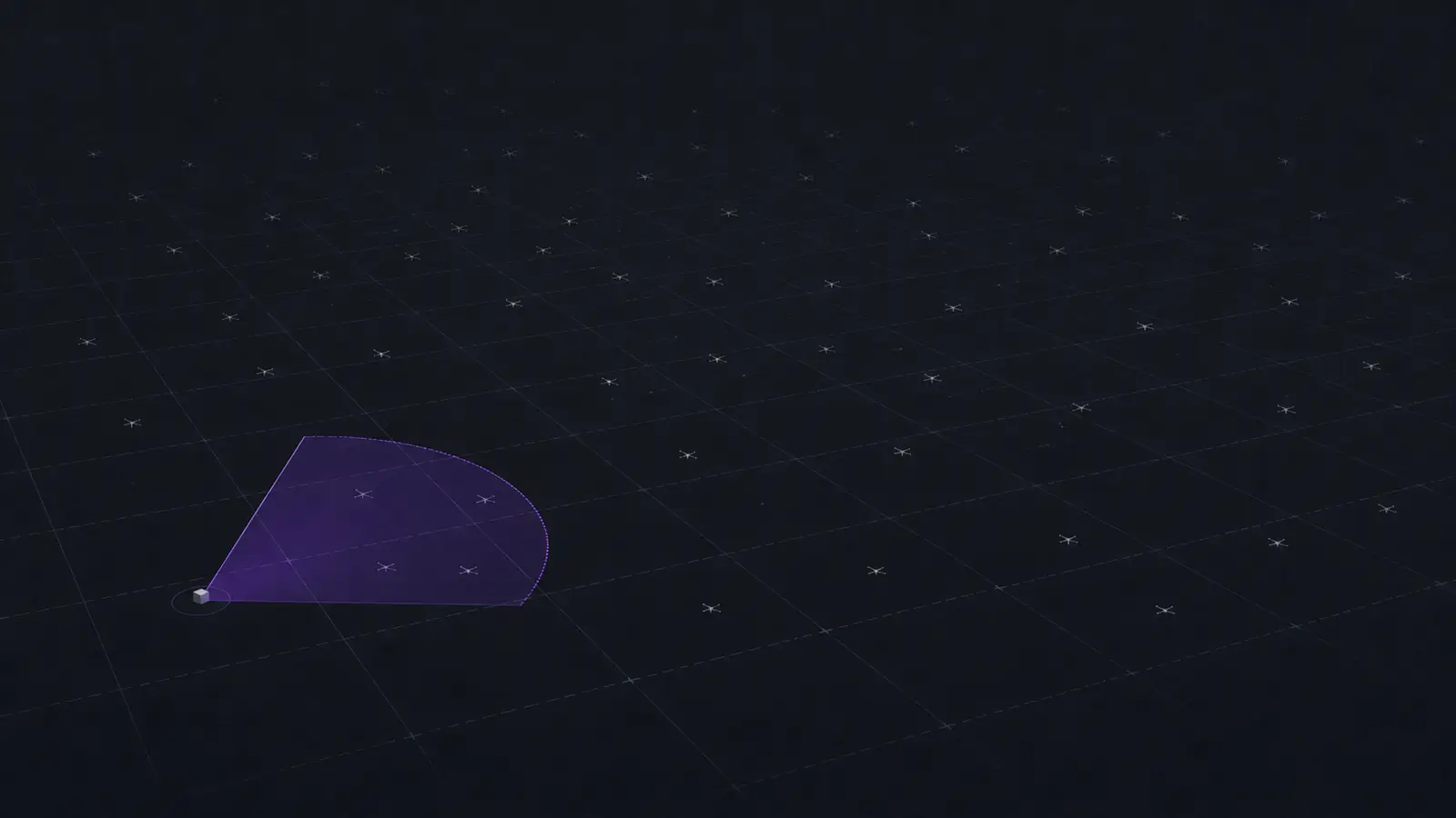 Illustration of a single shaded detection cone covering a few drone symbols in one corner of a wide grid scattered with many more uncovered drone symbols