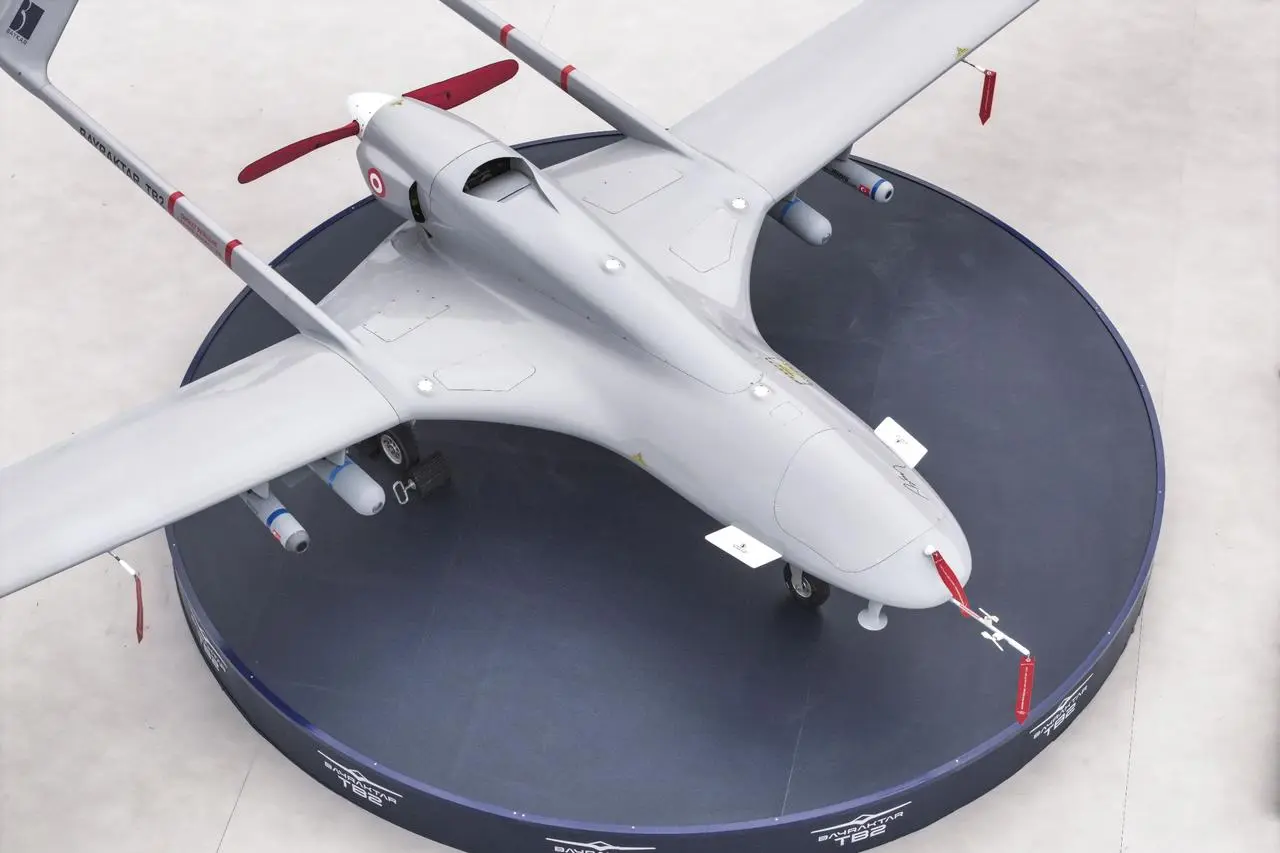 Bayraktar TB2 armed UAV in aerial view at SAHA 2026 International Defense and Aerospace Exhibition in Istanbul