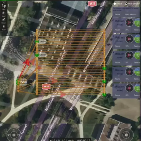 Multiple autonomous drones flying in coordinated formation during a public safety mission